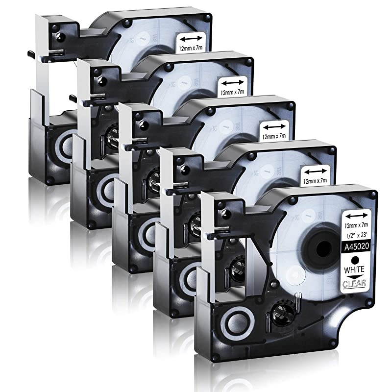 Compatible for DYMO D1 45020 S0720600 Label Tape 12 12mm x 23ft use in LabelManager 160 210D 260P 280 360D 420P PnP LabelWriter 450 400 Duo 3M PL300 Label Maker White on Clear 5 Pack
