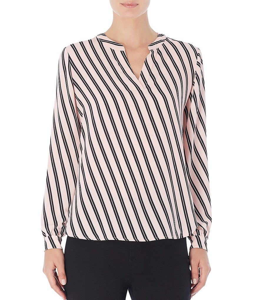 Jones New York Diagonal Stripe Print Banded Split V-Neck Long Sleeve Crepe Blouse