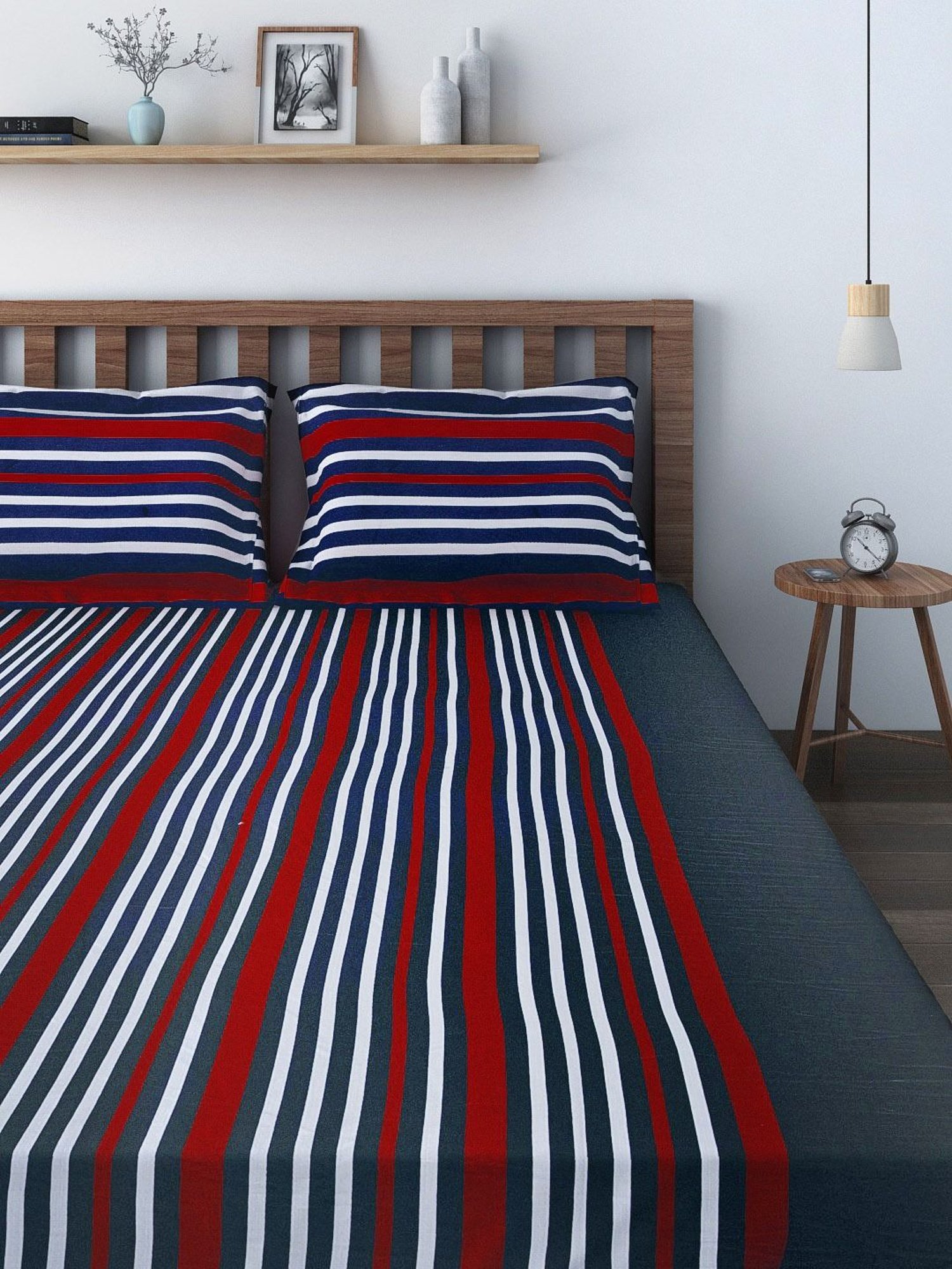 Swayam Stripes Red & Navy 180 TC Cotton King Bedsheet with 2 Pillow Covers