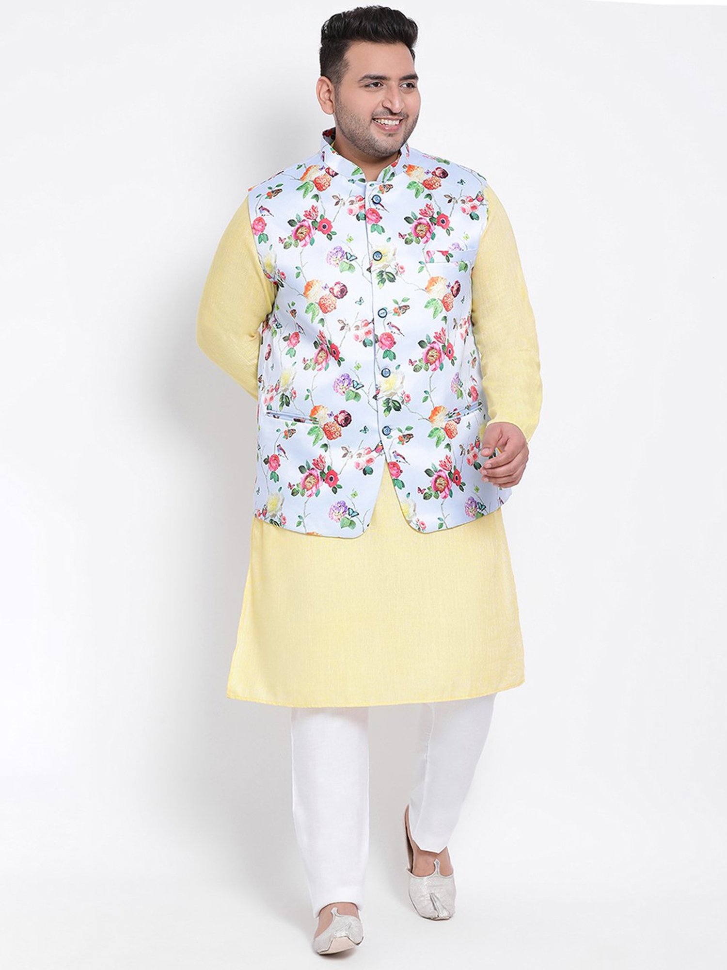 Hangup Plus Yellow & White Regular Fit Plus Size Kurta & Pyjamas Set With Nehru Jacket