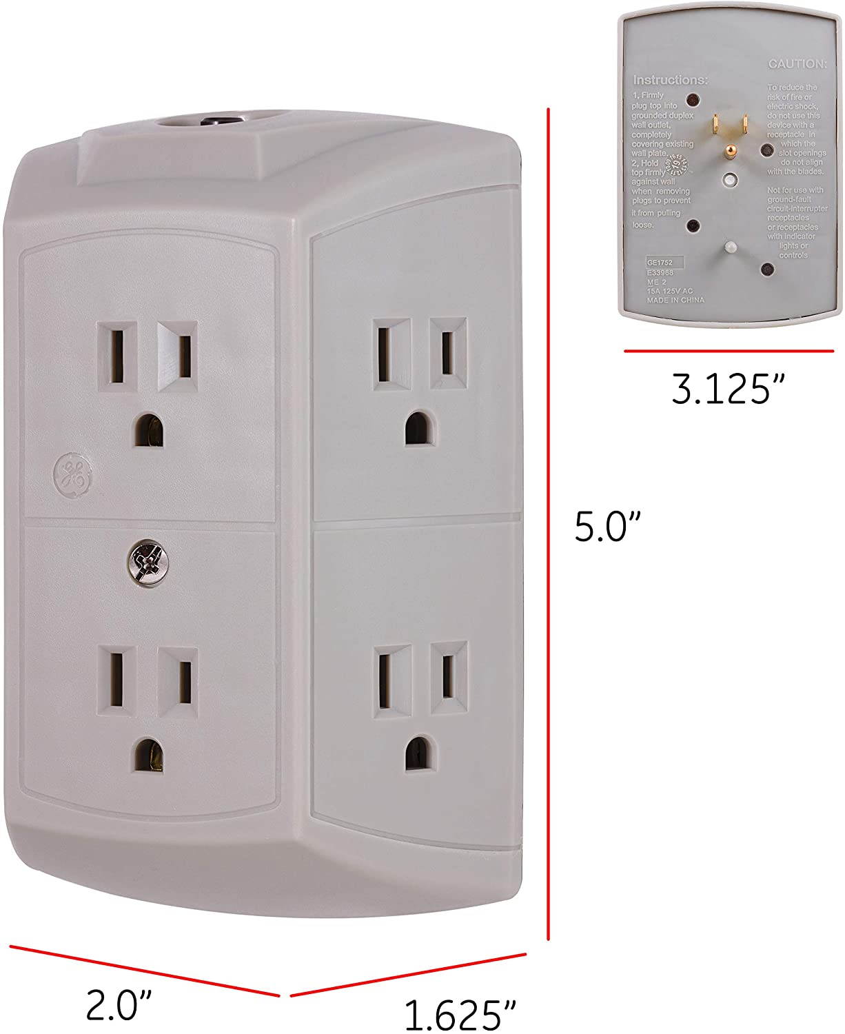 GE Pro 6 Outlet Surge Protector Adapter Spaced Tap, 3-Prong Power Strip, Charging Station, Side Access, White, 43648