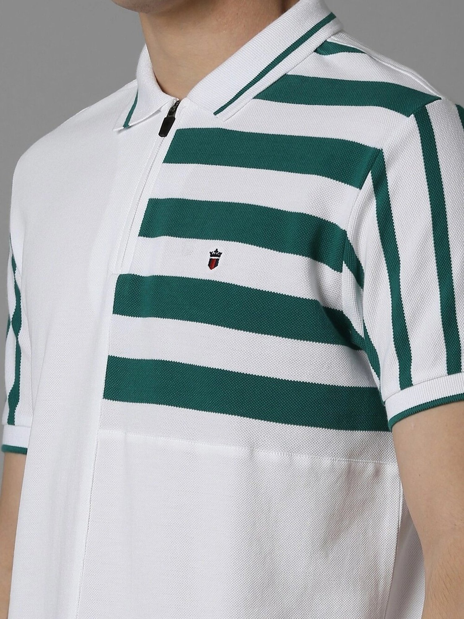 Louis Philippe White Cotton Slim Fit Striped Polo T-Shirt