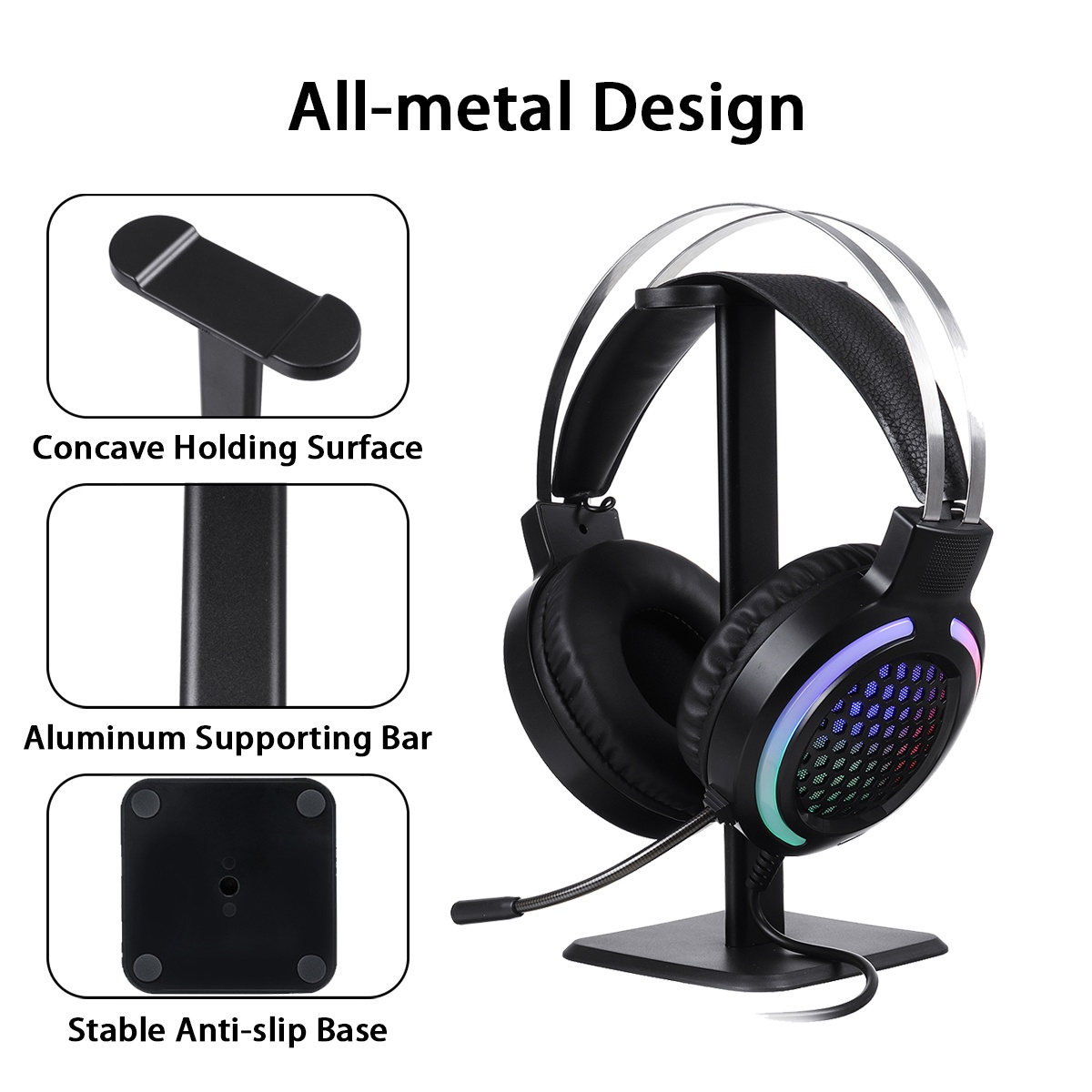Aluminum Alloy Headphone Stand Headset Earphone Hanger Holder Desk Display Holder Rack for Gamers Gaming Universal Headset Stand-Black