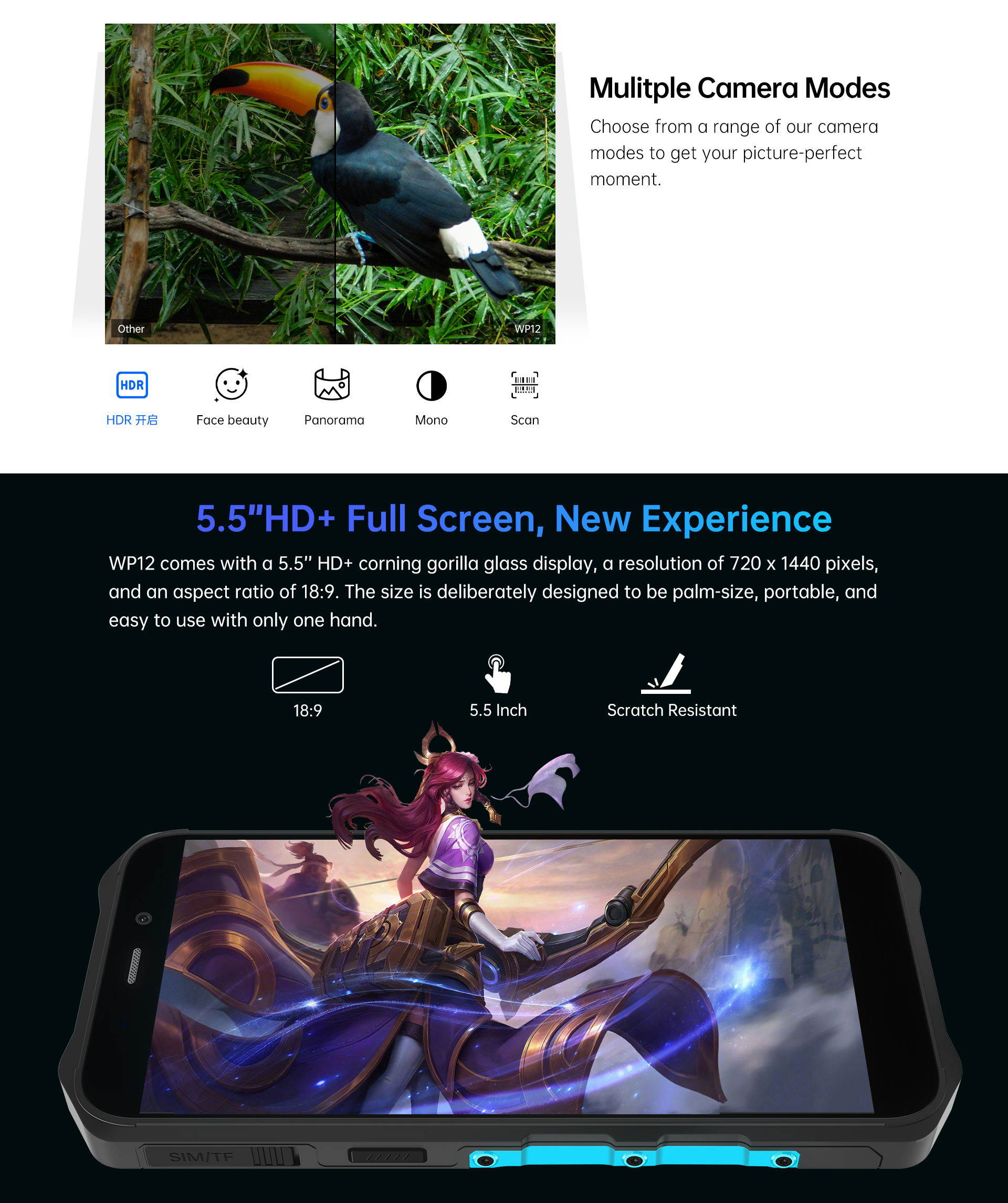 Rugged IP68 / 69K WP12 Smartphone 4GB + 32GB 4000mAh Quad Core Android11 Mobile Phone 5.5 "HD + 500W / 1300W 13MP Camera Phone