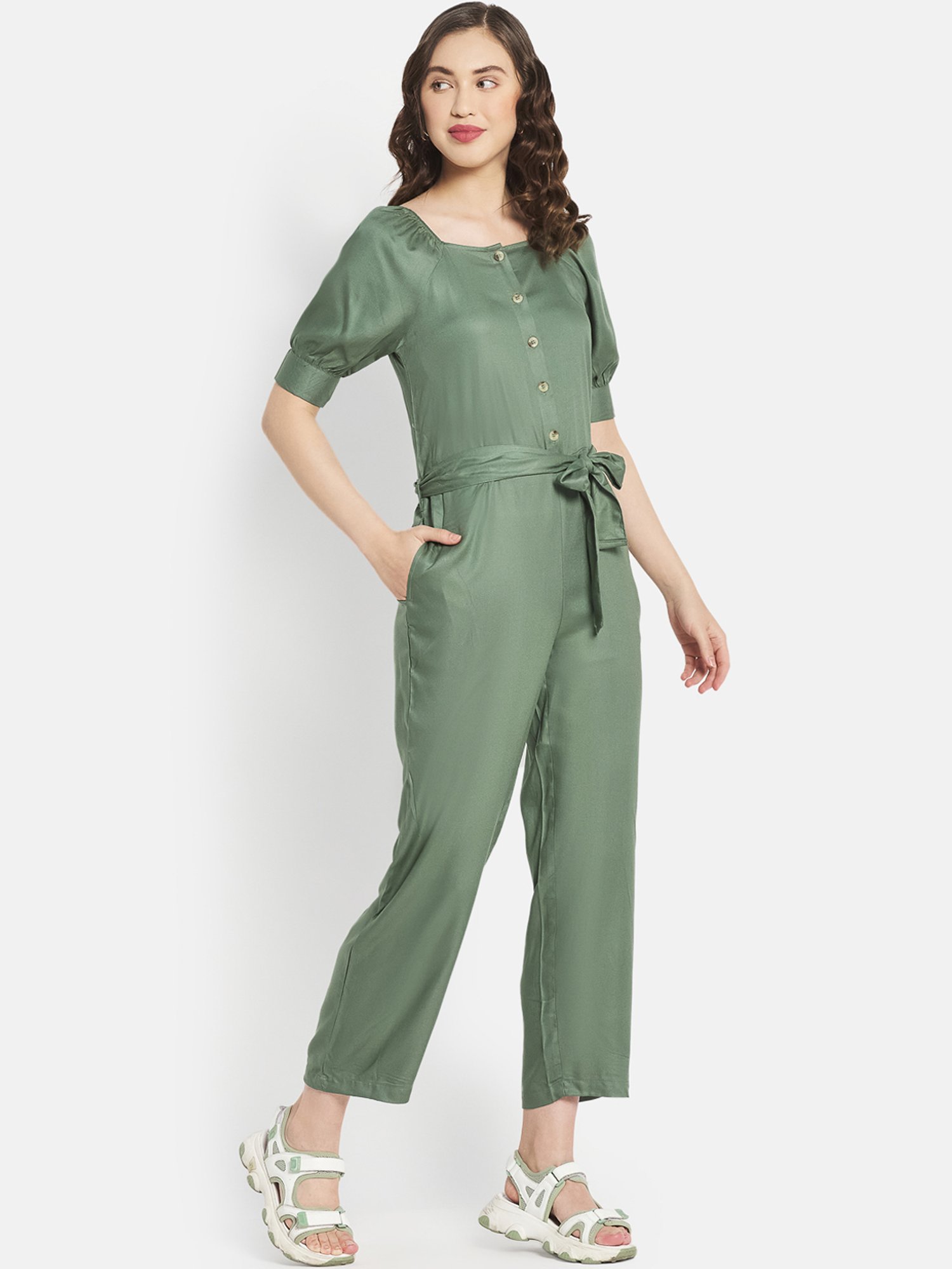 METTLE Olive Green Cotton Jumpsuit