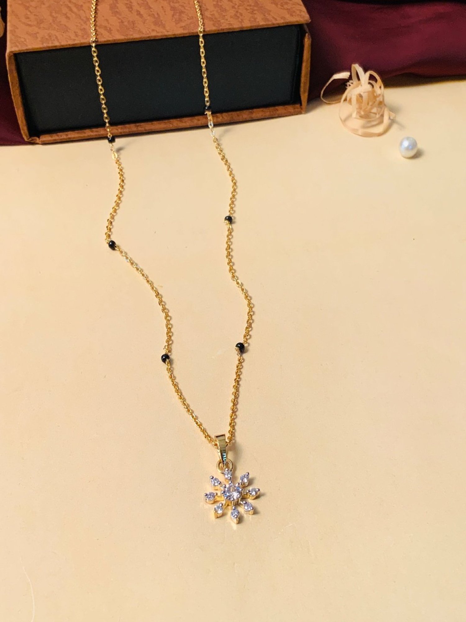 Abdesigns Gold-Plated American Diamond & Black Beaded Mangalsutra