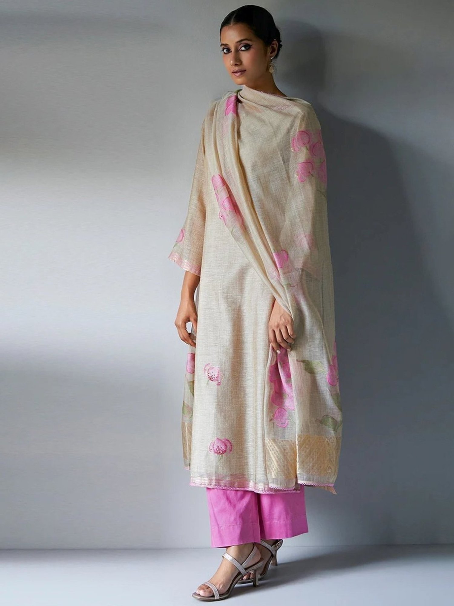 Ganga Fashions Beige & Pink Saadagi Woven Kurta with Pant and Dupatta
