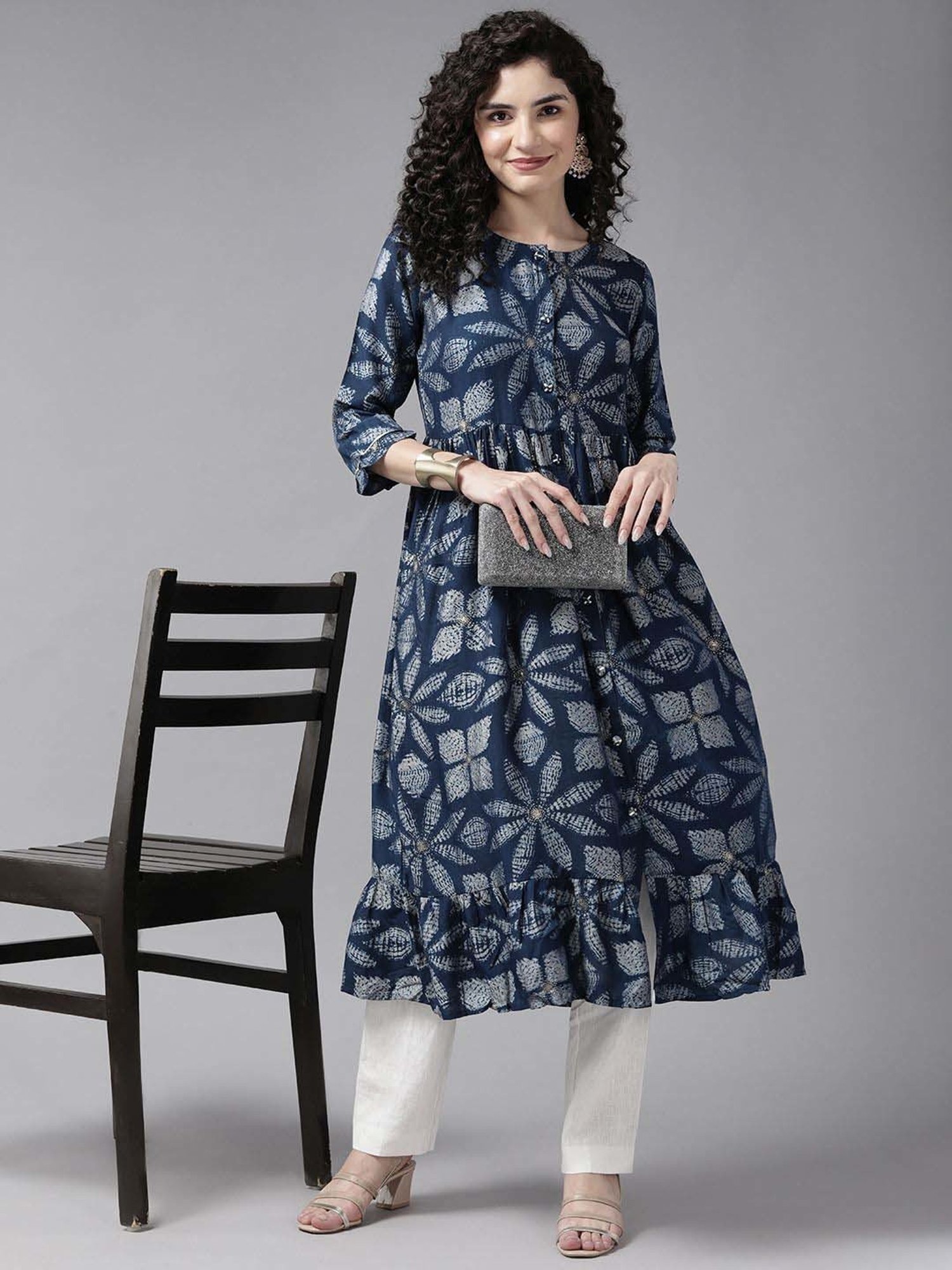 Cayman Blue Cotton Floral Print A Line Kurta