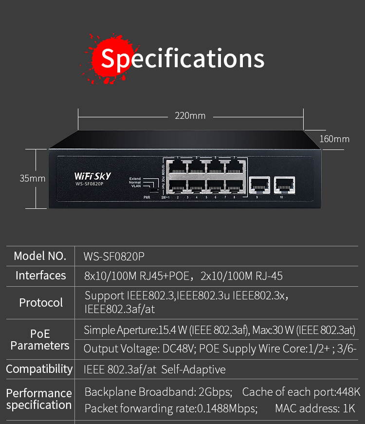 Wifisky 8+2 Ports 100M POE Switch Monitoring Network Cable Splitter Smart POE Power Supply