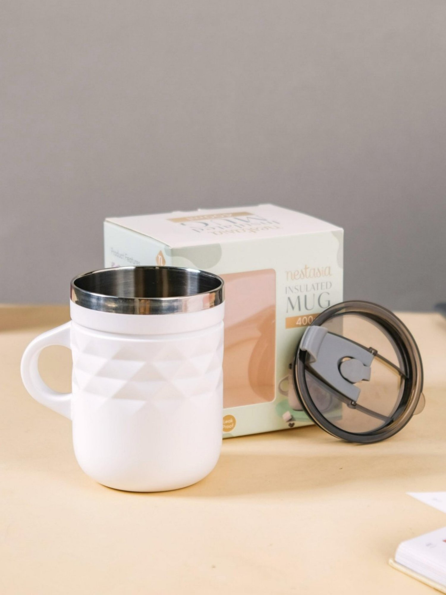 Nestasia Matte White Stainless Steel Double Insulated Spill Proof Travel Tea & Coffee Mug (400 ML)