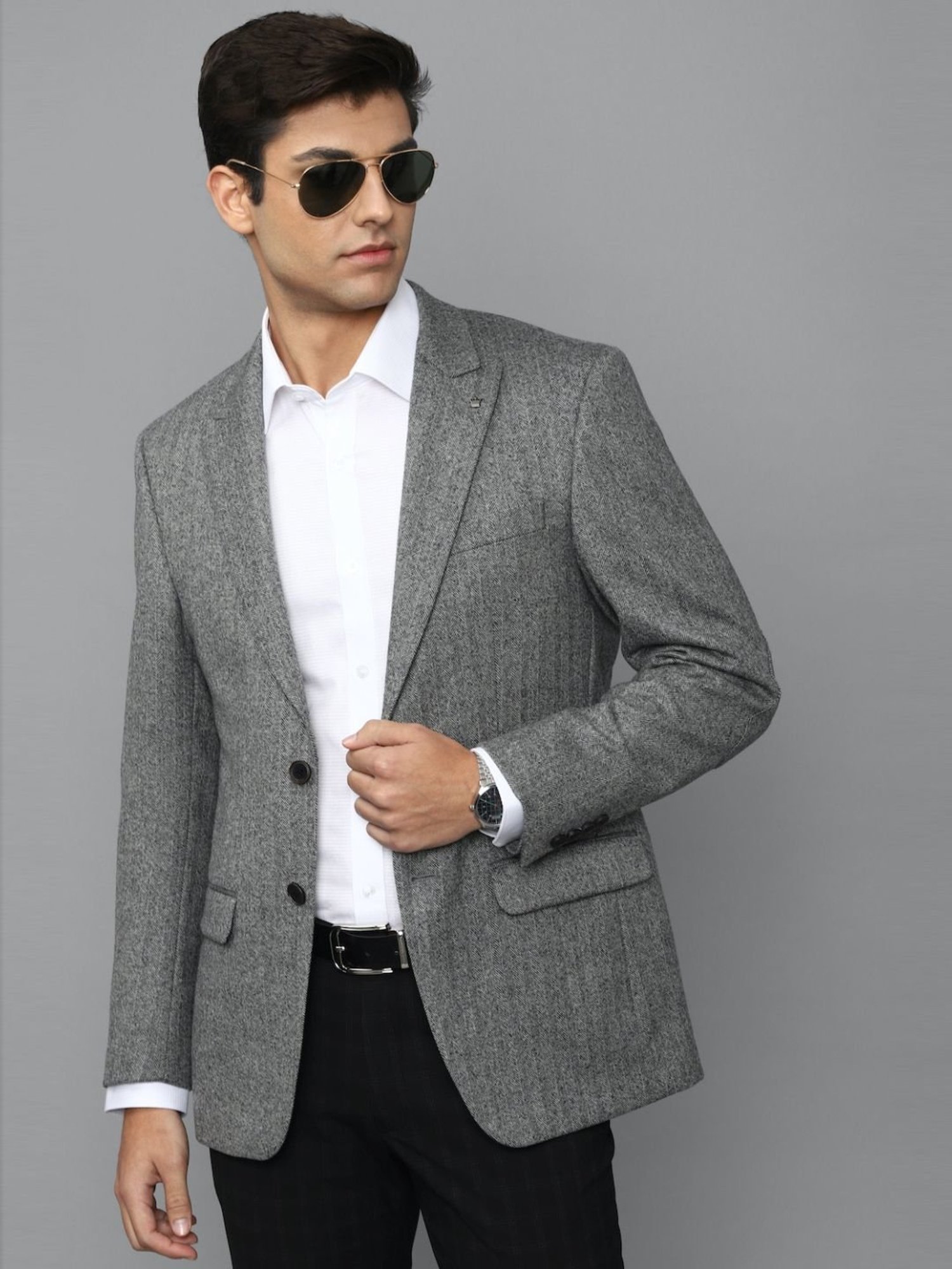 Louis Philippe Grey Regular Fit Self Pattern Blazer