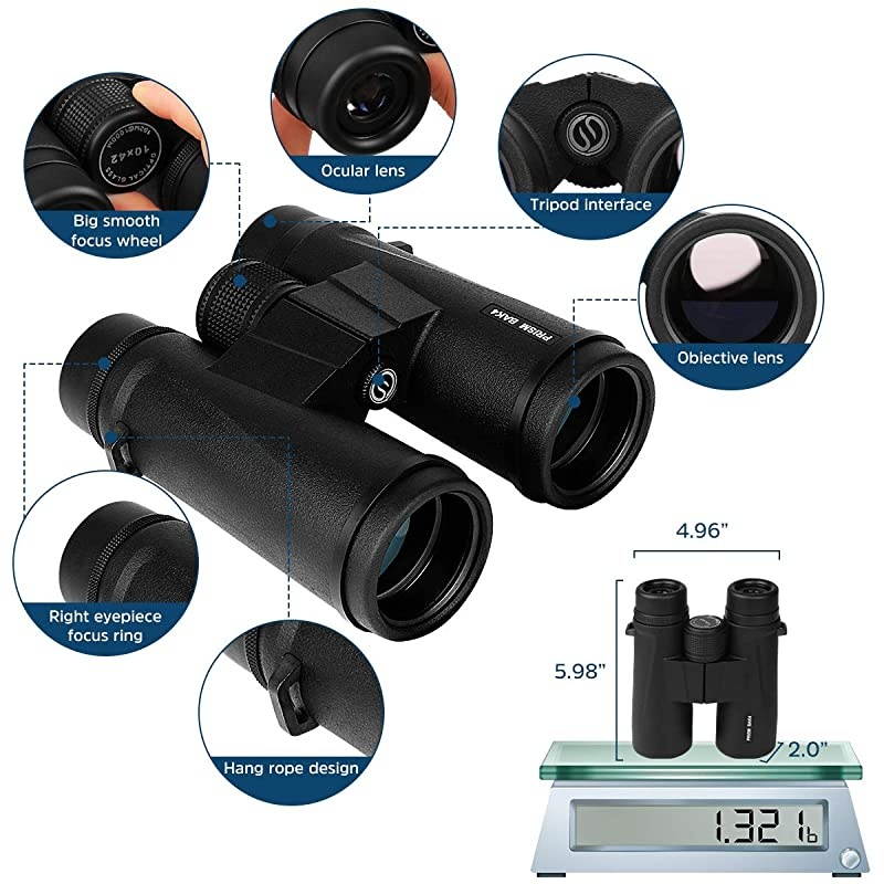 Binoculars for Adults 10x42 Binoculars with Low Night Vision Compact HD Binoculars for Bird Watching Travel Hunting Safari Concerts Sports Stargazing and Outdoor with BAK4 Prism FMC