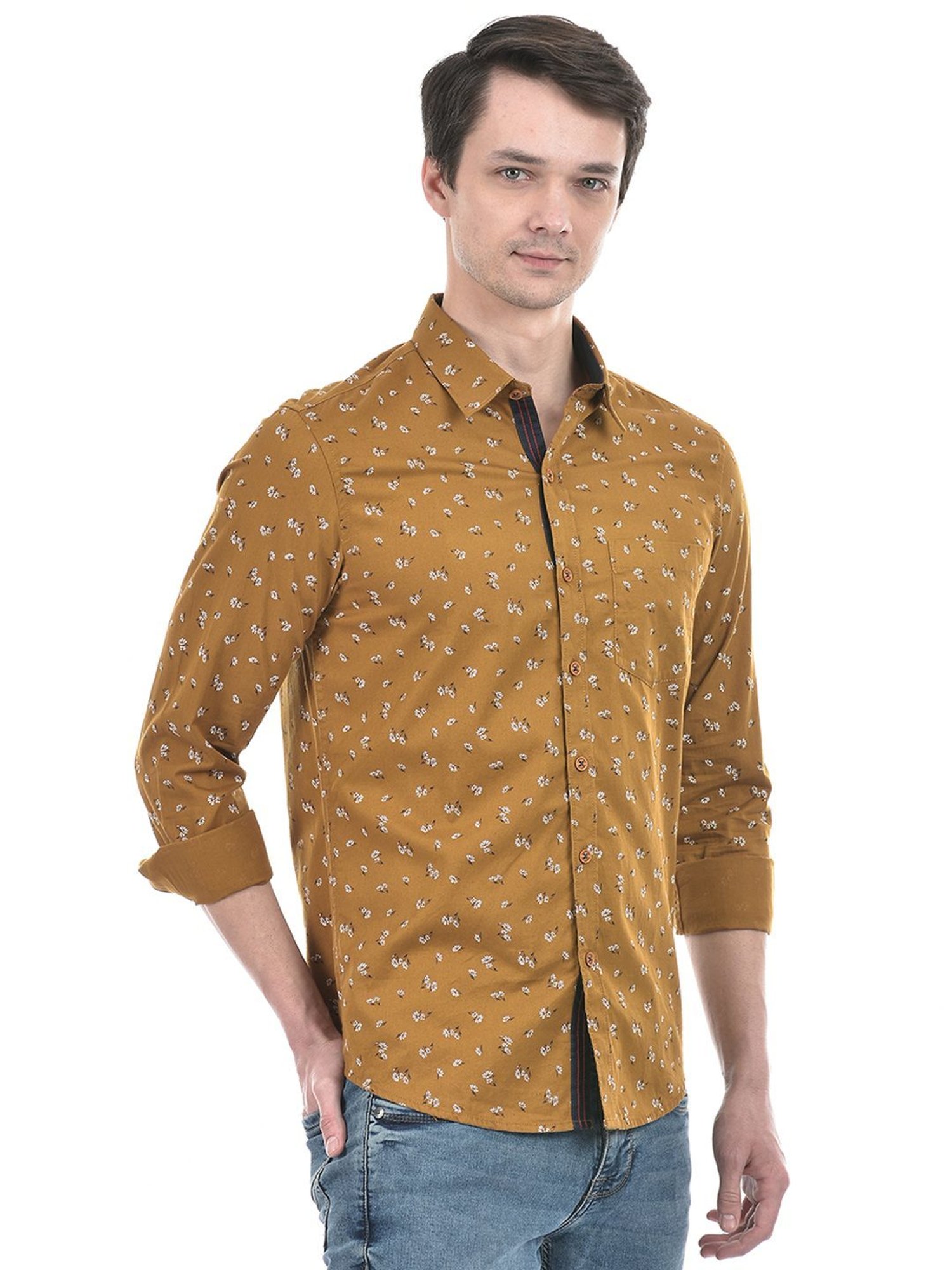 Numero Uno Brown Cotton Slim Fit Printed Shirt