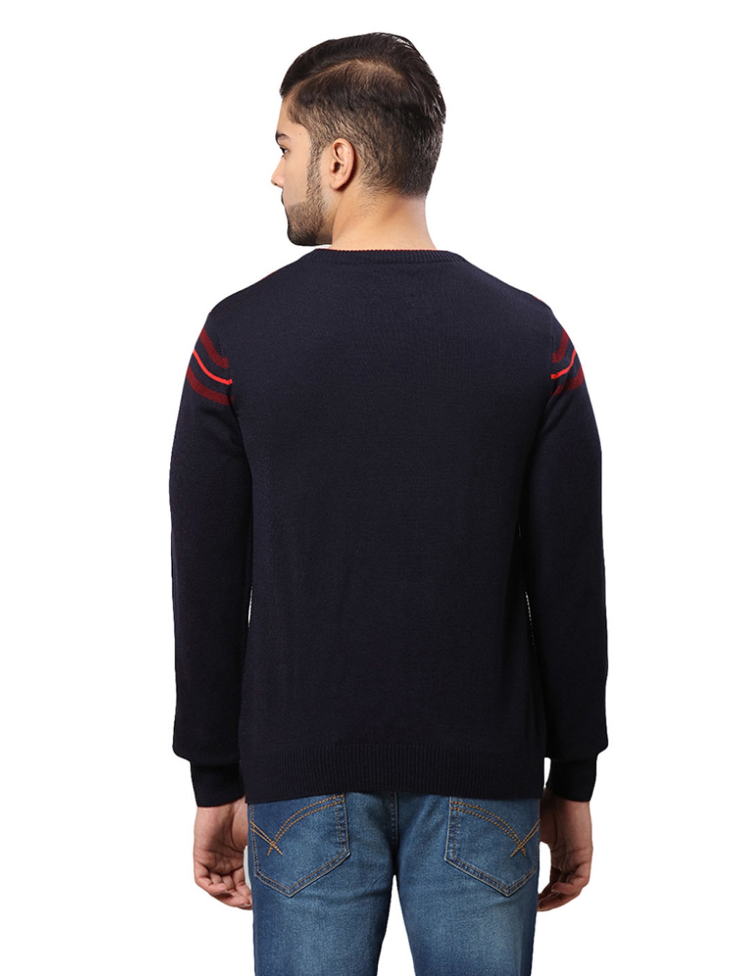 Raymond Black & Red Regular Fit Striped Sweater