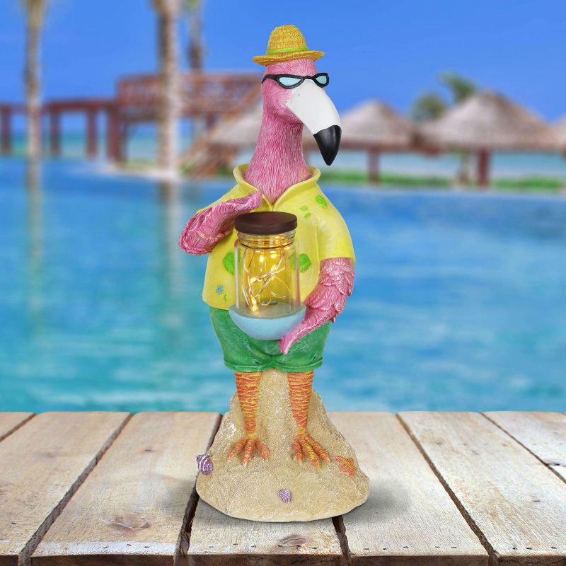 13" Solar Flamingo With Firefly Resin Jar - Exhart
