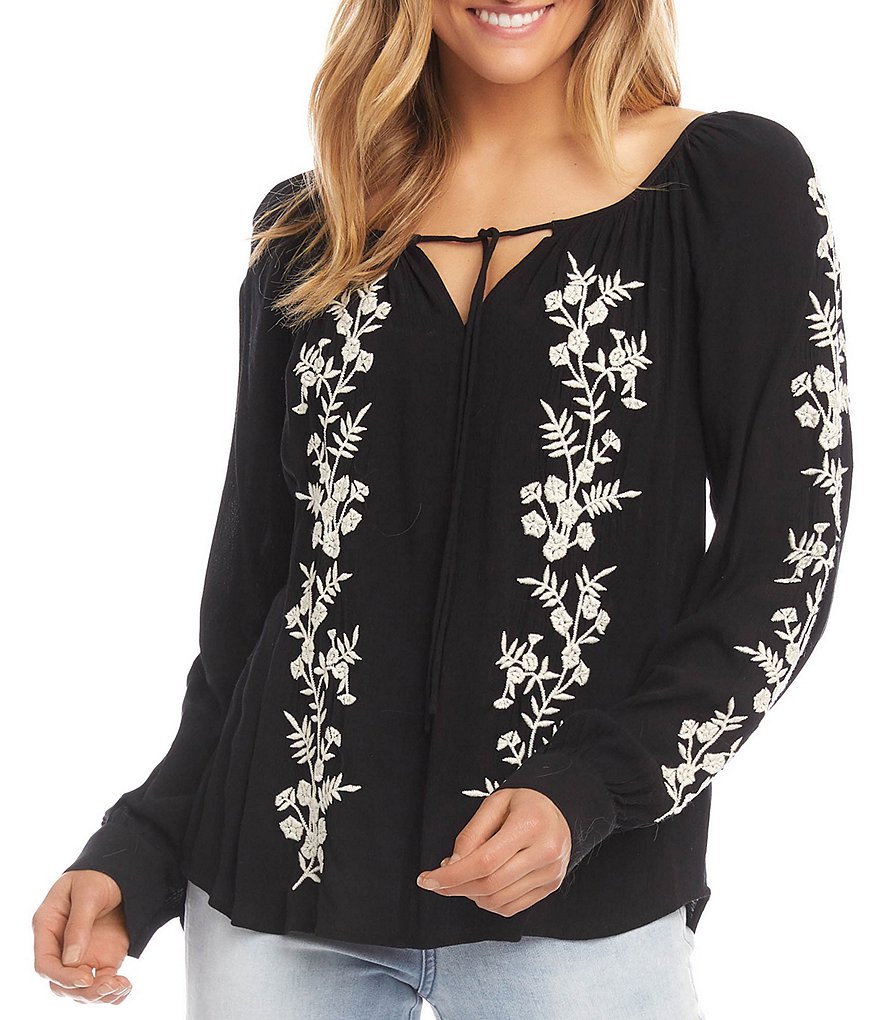 Karen Kane Long Button Cuff Sleeve Tie Split Round Neck Embroidered Gauze Peasant Top