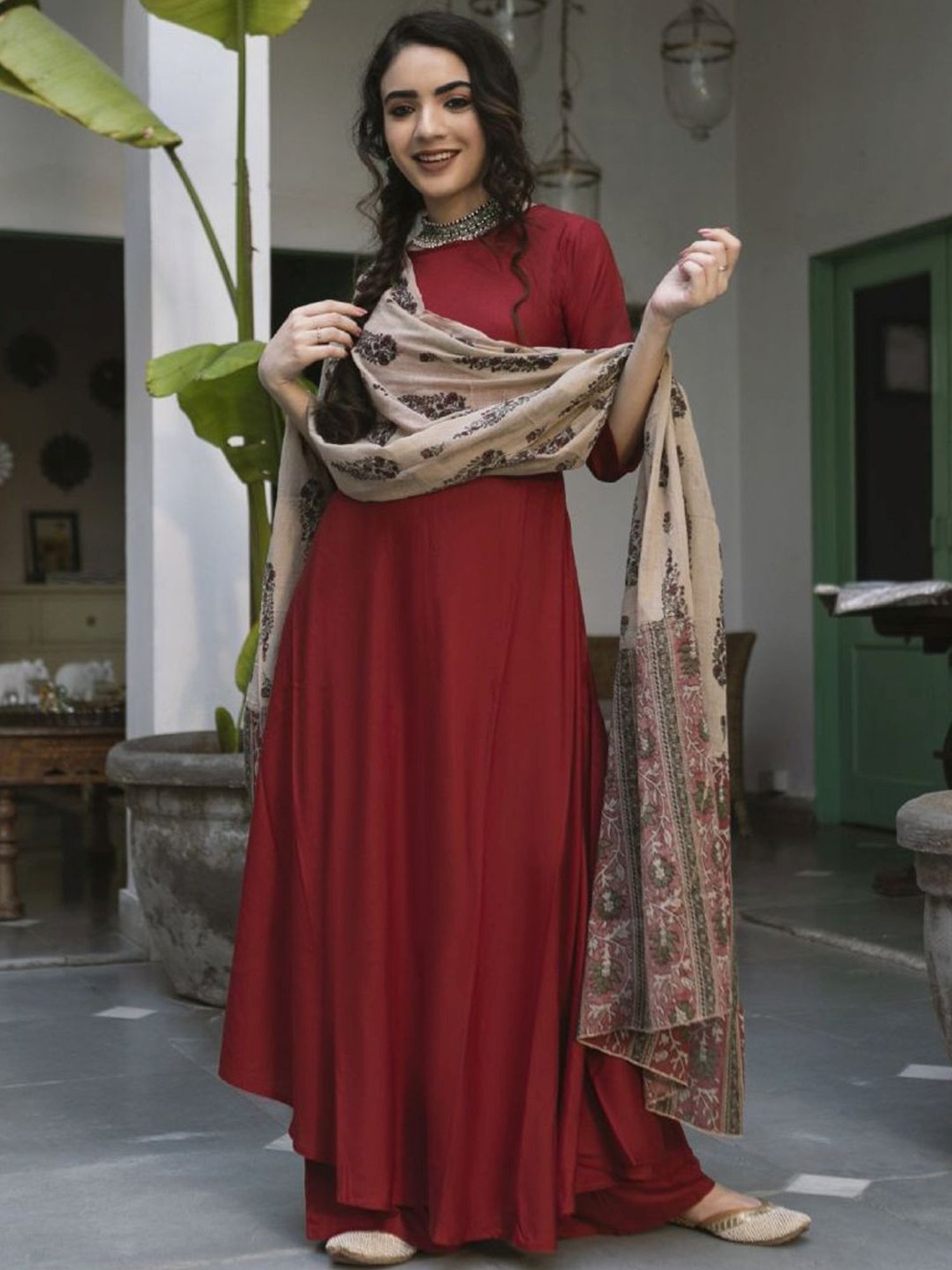 Rustorange Maroon Flared Kurta & Palazzo Set with Dupatta