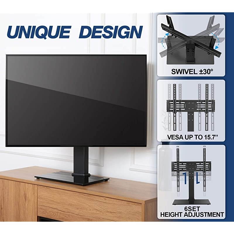 Universal Swivel TV Stand for 27-55 inch LCD LED TVs Height Adjustable TV Stand Base with Tempered Glass Table Top TV Stand in Living Room Holds Up to 88LBS VESA 400x400mm