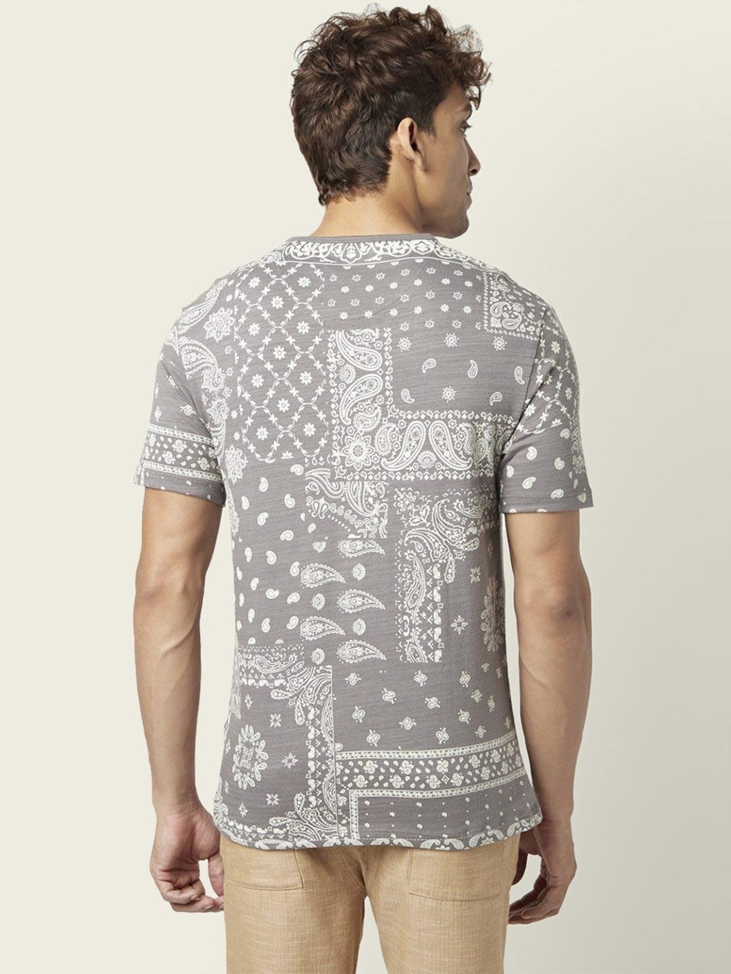 7 Alt by Pantaloons Medium Grey Cotton Relaxed Fit Printed T-Shirt