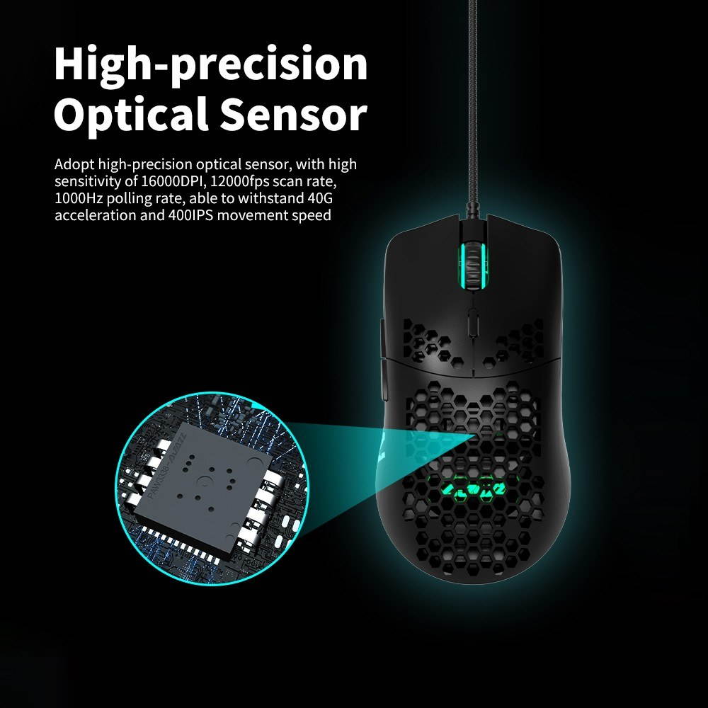 Ajazz AJ390 USB Wired Gaming Mouse with 7 Keys Adjustable DPI Ergonomic Design Hollowed-out Honeycomb Design