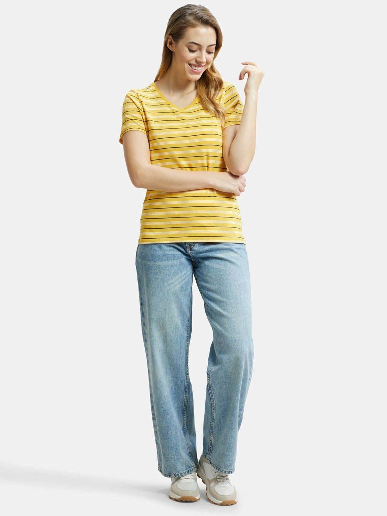 Jockey AW22 Women's Super Combed Cotton Elastane Regular Fit Striped V Neck Half Sleeve T-Shirt