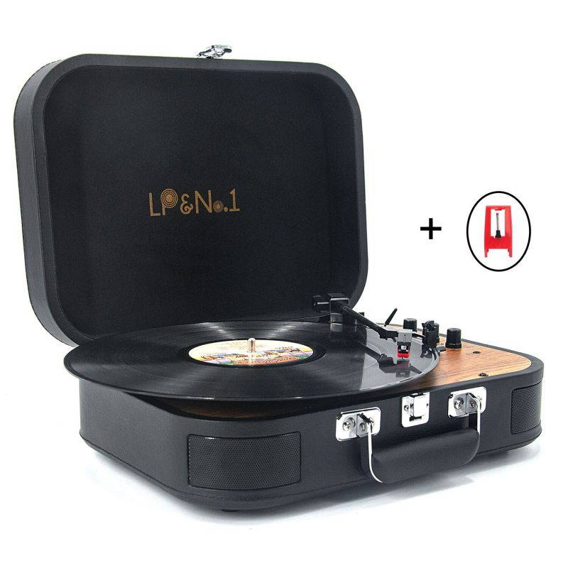 LP&No.1 Portable Bluetooth Turntable with USB Play and Recording,Suitcase 3 Speed Vinyl Record Player with Pitch Control,RCA Output and Aux Input, Blue