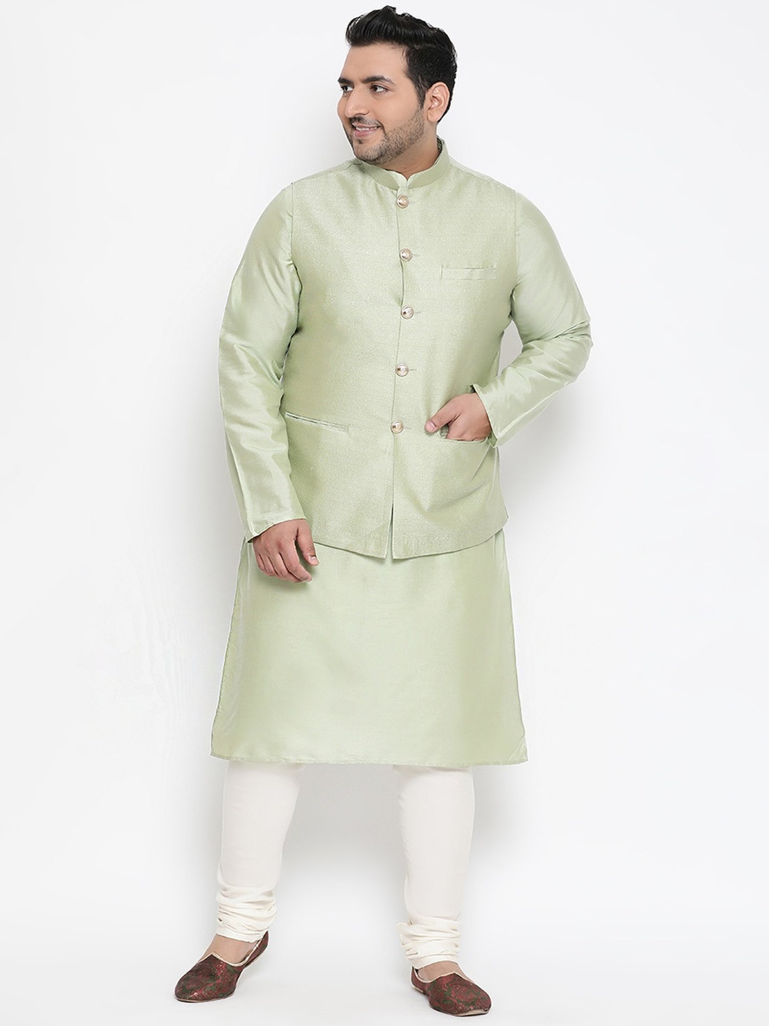 KISAH PLUS Light Green Regular Fit Printed Kurta Set With Jacket