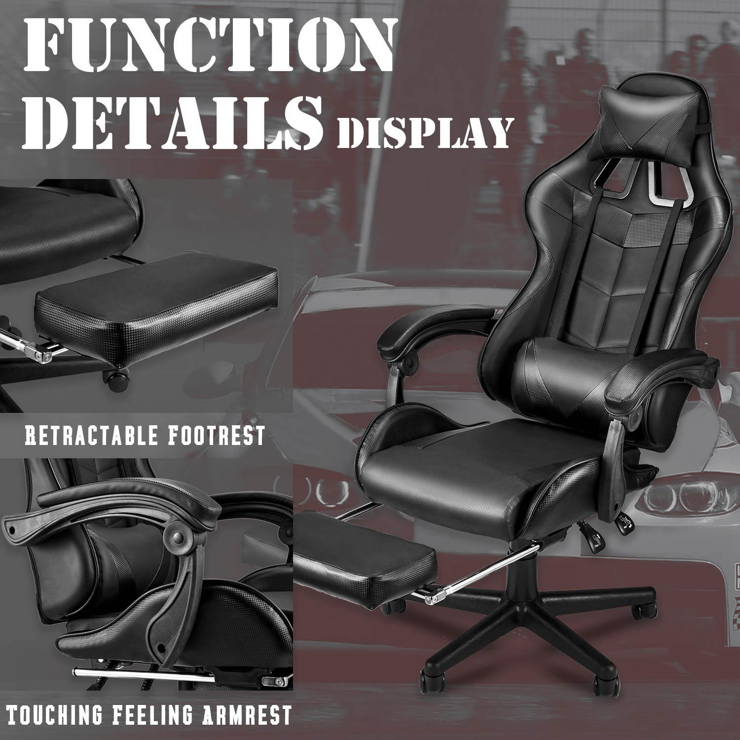 Ergonomic Home Office Chair,PC Computer Chair,Racing Style Gaming Chair with Retractable Footrest,Adjustable Seat Height and Recliner,Full Armrests,Headrest and Lumbar Support(Dark Black)