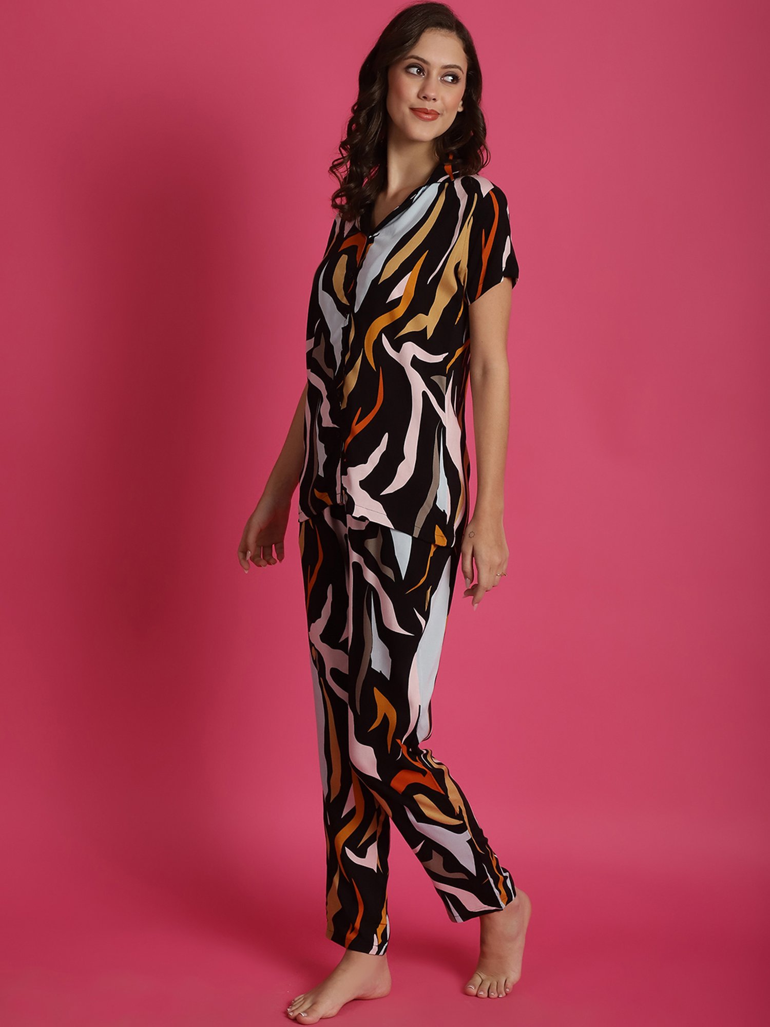 Boston Club Black Printed Top With Lounge Pants