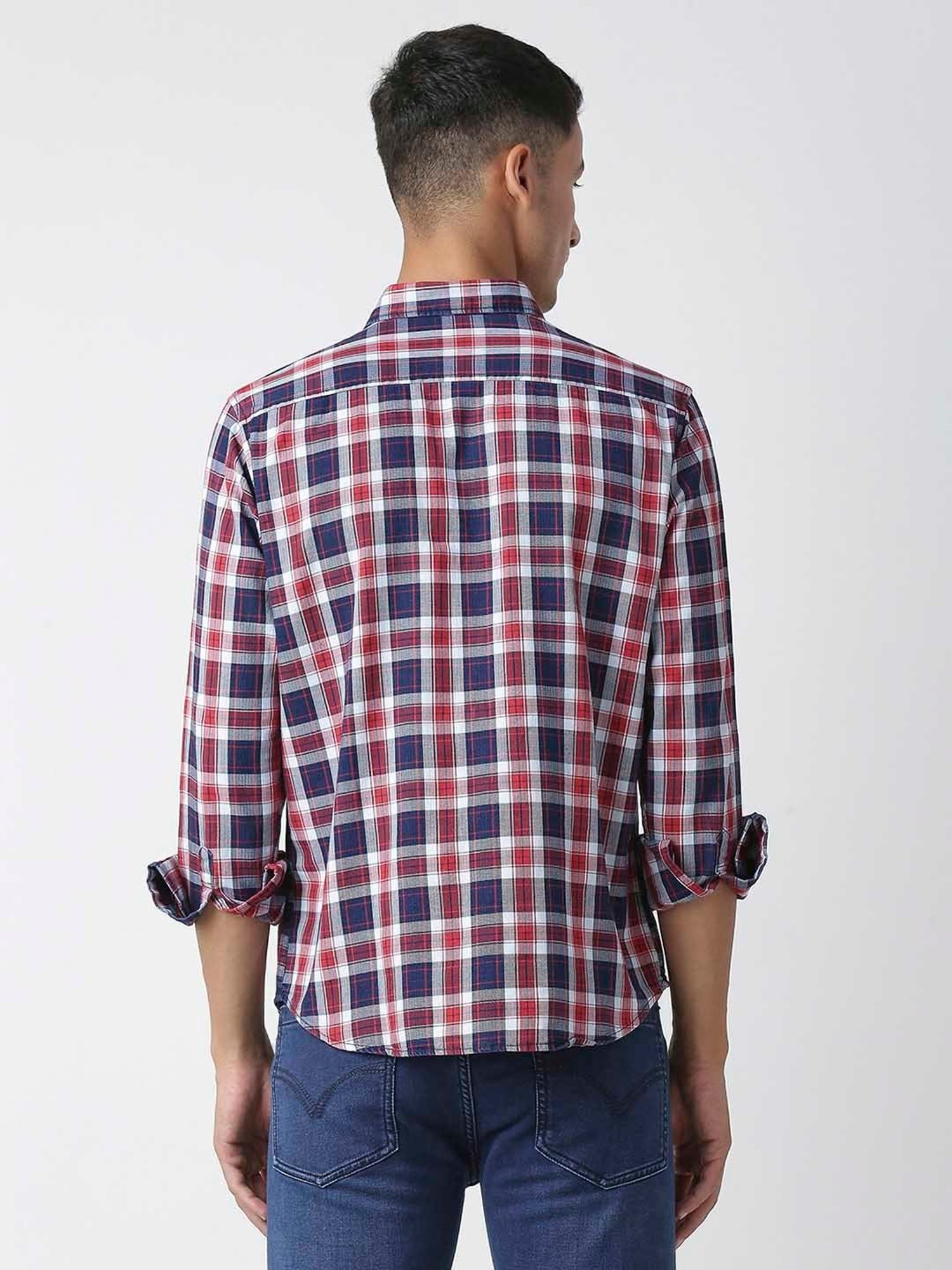 HJ HASASI Blue & Red Slim Fit Check Cotton Shirt
