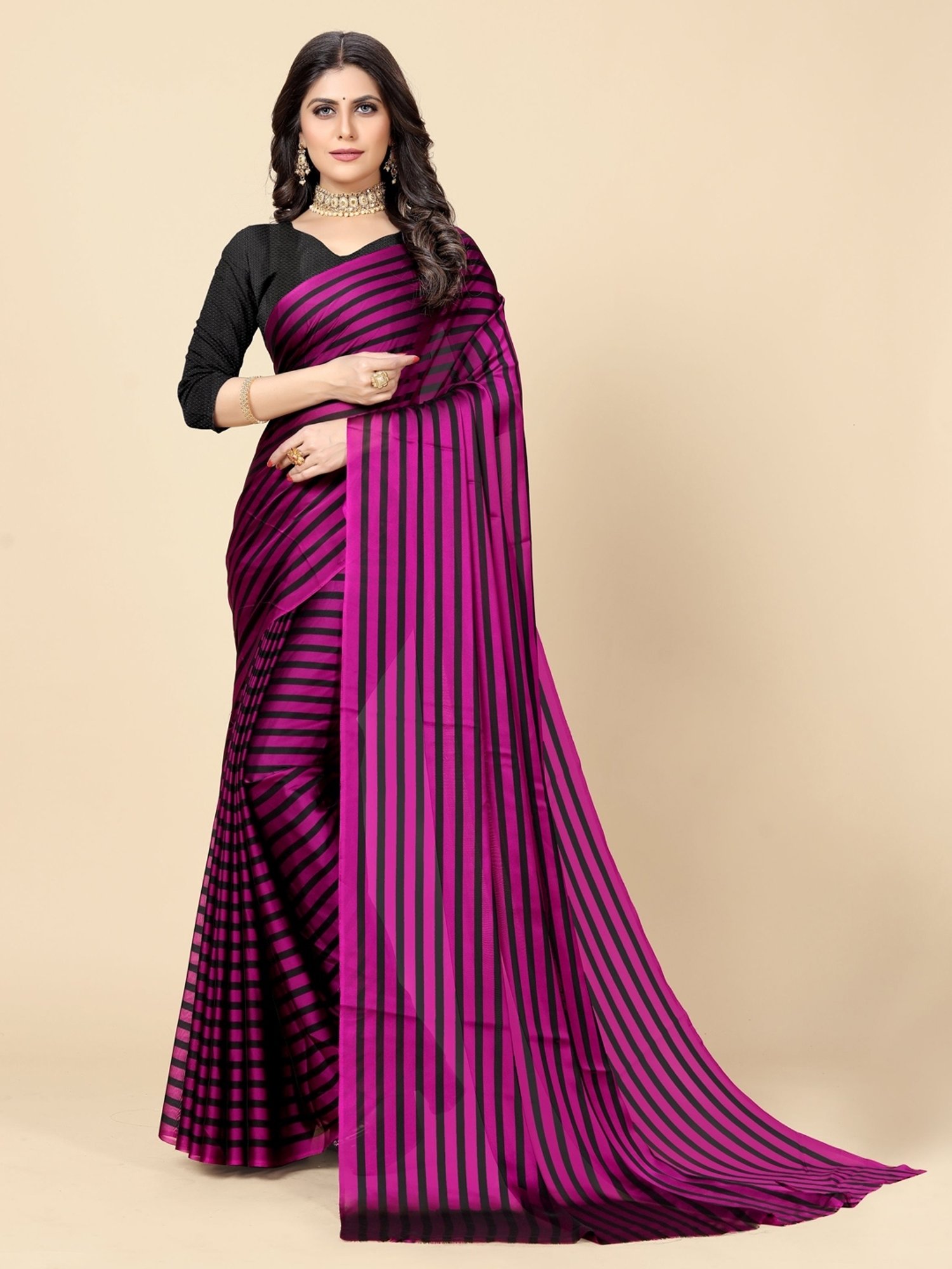 Rangita Purple & Black Striped Saree With Unstitched Blouse