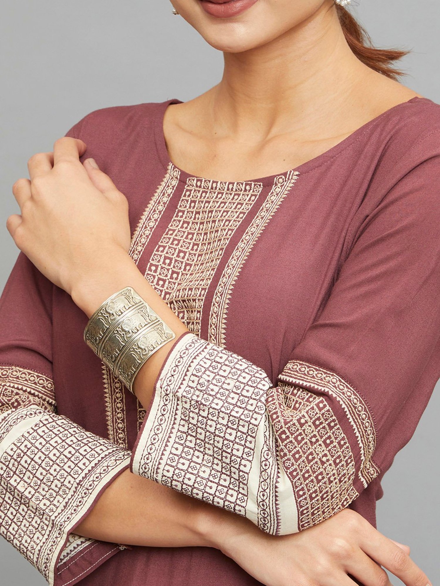 paislei Light Brown Embroidered A Line Kurta