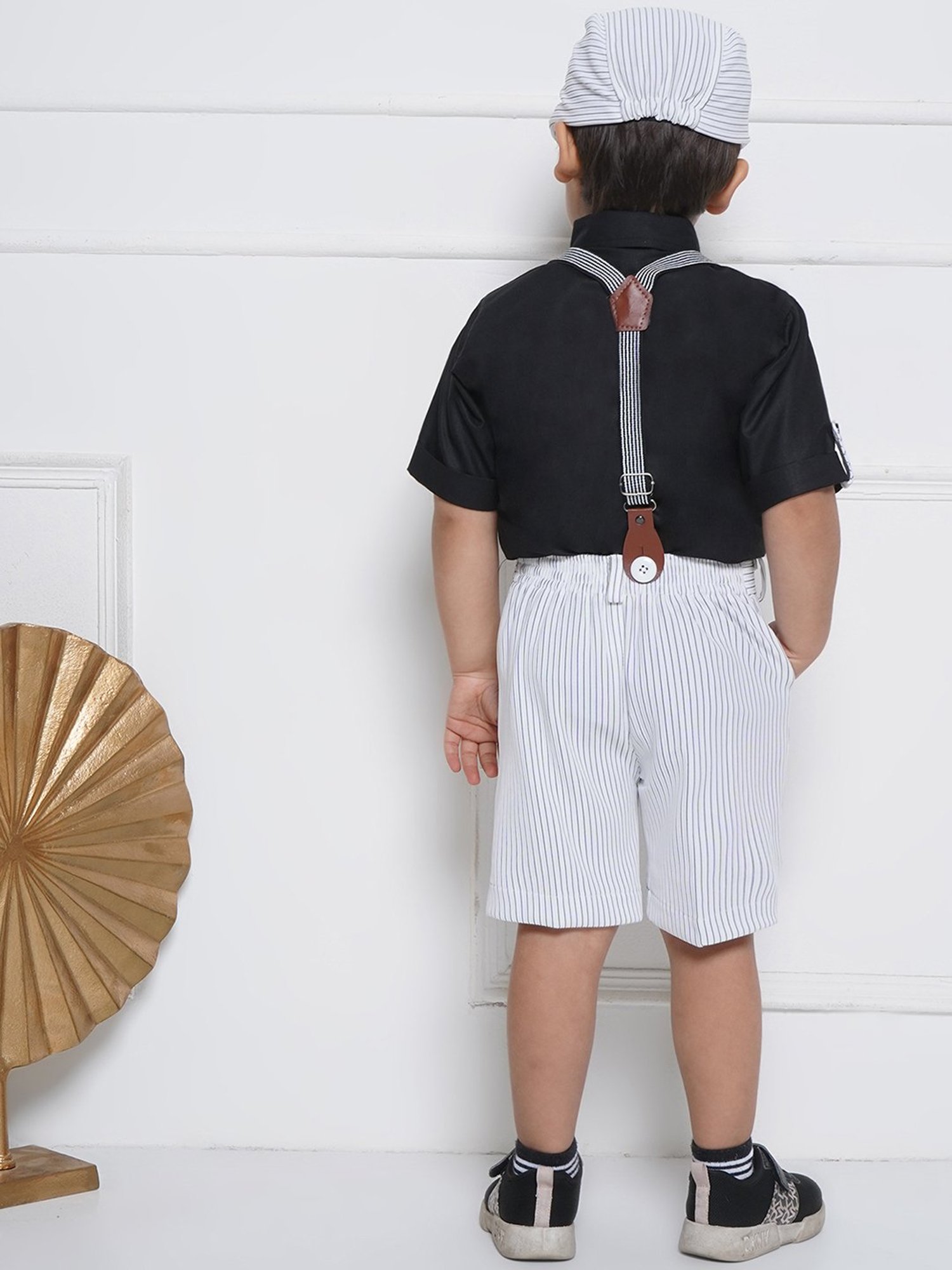 AJ Dezines Kids Black & White Striped Shirt, Shorts, Suspender, Bow with Cap