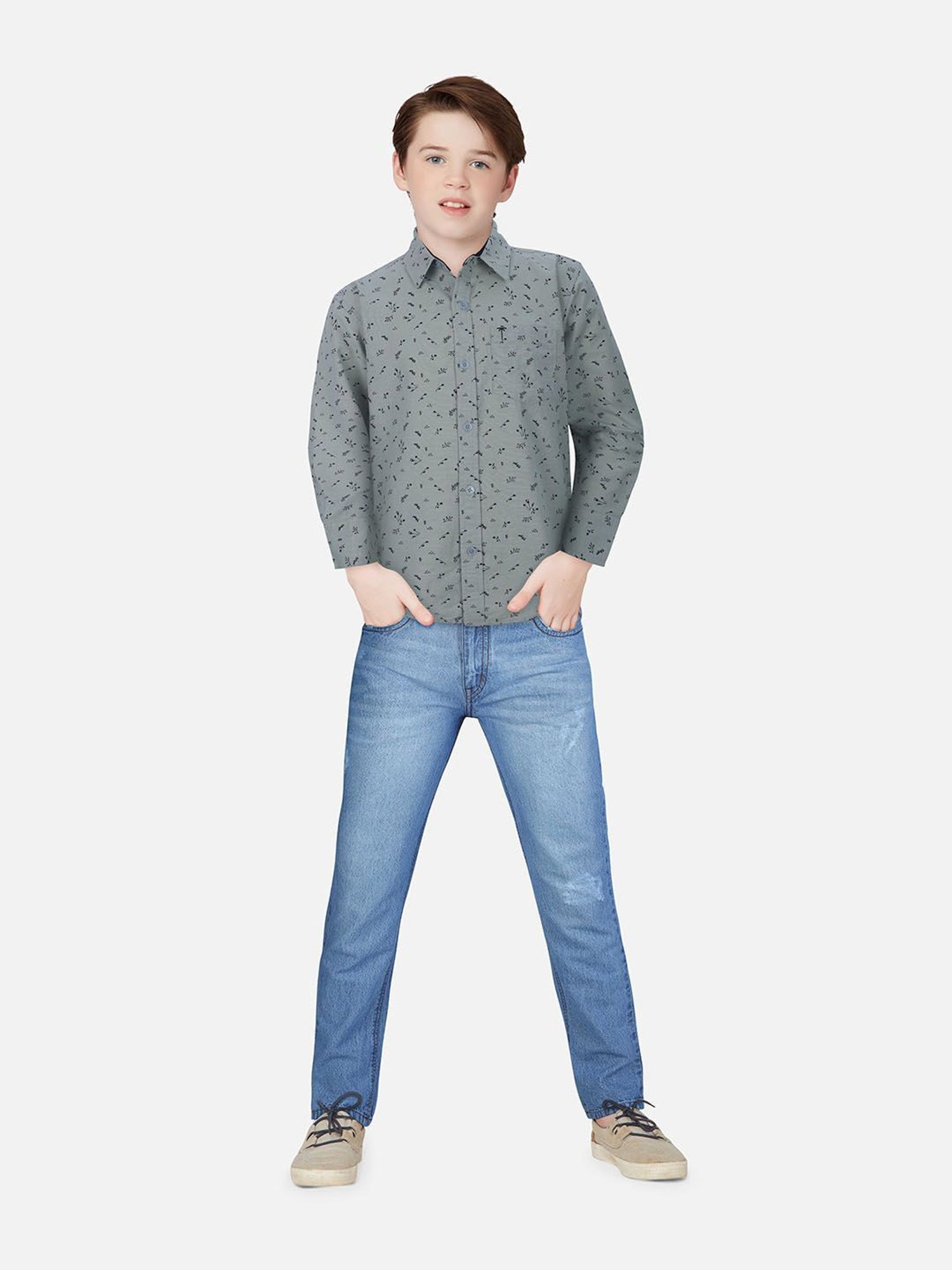 Palm Tree Kids Sage Green Printed Full Sleeves Shirt