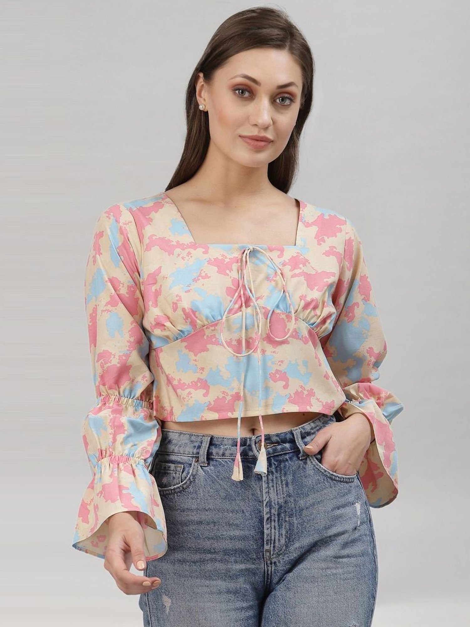 SELVIA Beige & Pink Printed Crop Top