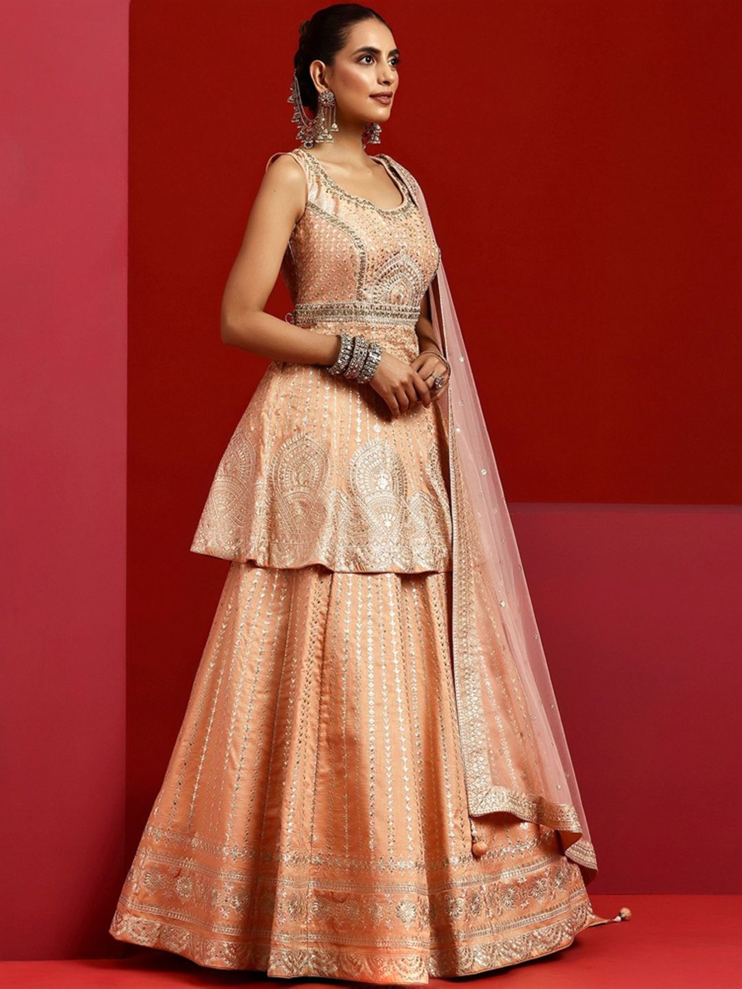 Libas Art Peach Embroidered Lehenga Choli Set With Dupatta