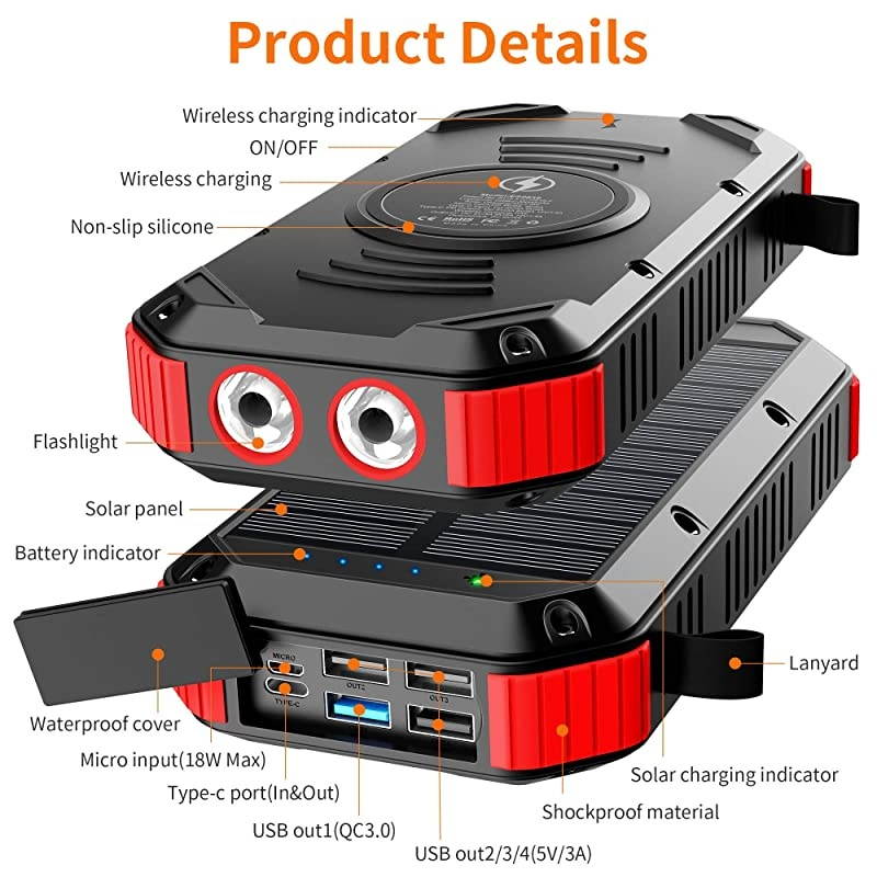 Charger,30000mAh Power Bank, PD 18W 3A Quick Charge, Wireless Protable Charger w/ 6 outputs Type-C, 4 Lighting Modes IP65 Waterproof Shockproof for iOS Android