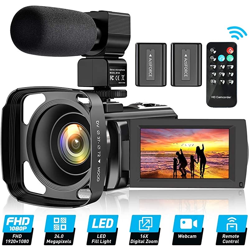 Camera Camcorder for YouTube FHD 1080P 30FPS 24MP Digital Vlogging Camera 16X Digital Zoom 30 Inch 270&deg; Rotation Screen Recorder with Lens Hood Microphone Remote Control 2 Batteries