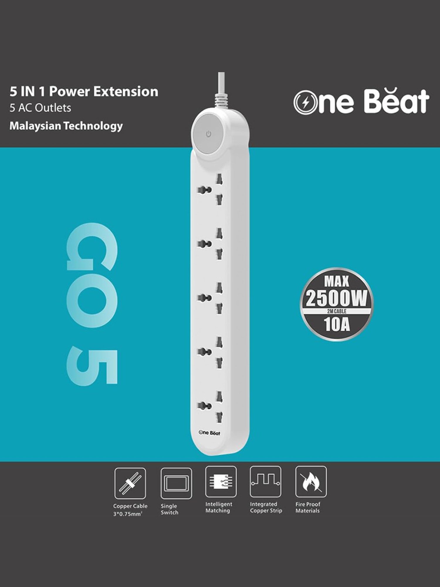 One Beat GO 5 Power Extension Board, 5 AC Outlests with 2500 W & 2 Meter Cord (White)