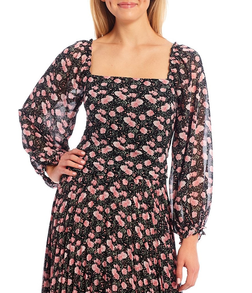 Lucy Paris Floral Print Square Neck Long Balloon Sleeve Coordinating Top