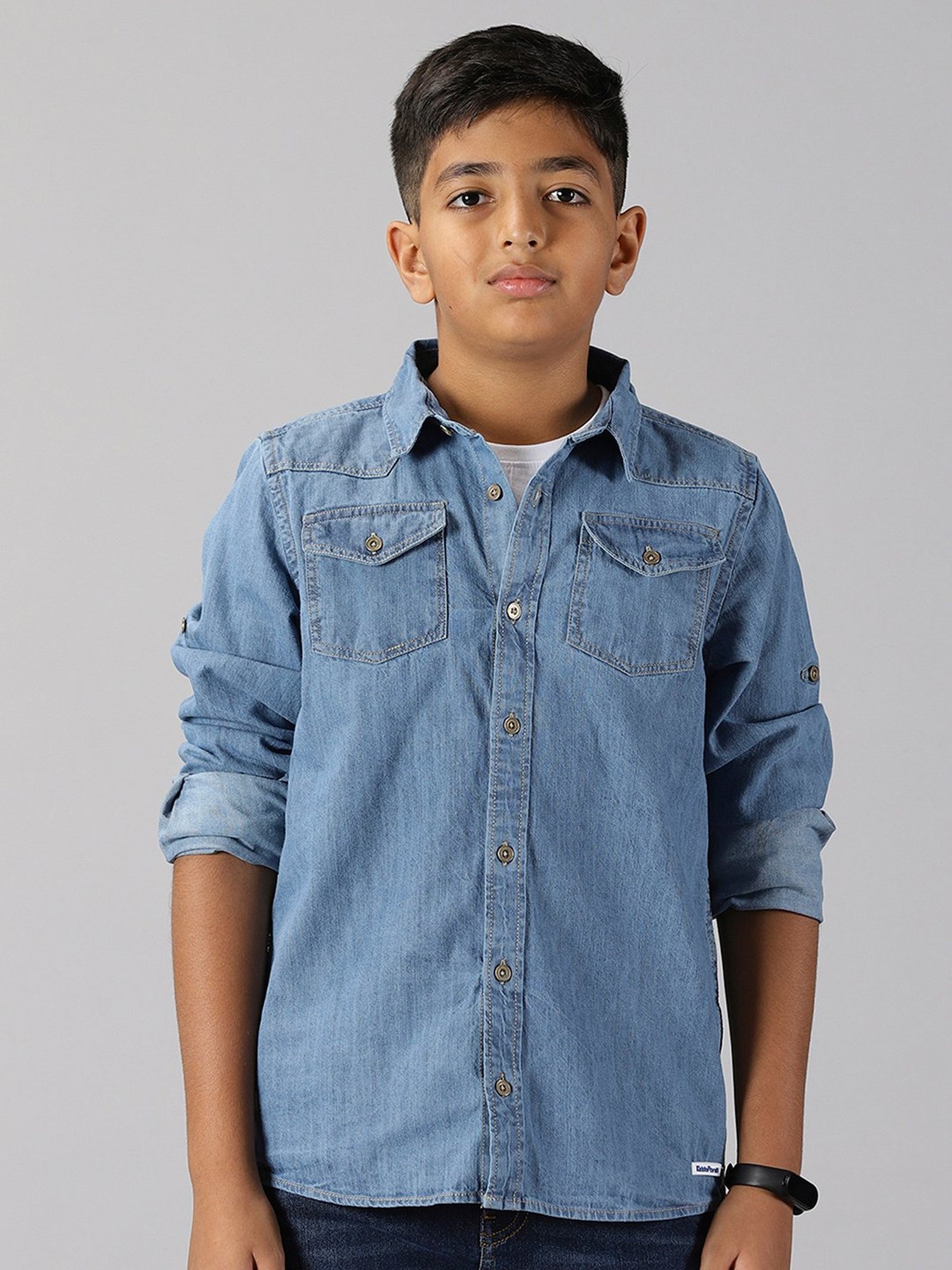 Kiddopanti Kids Blue Solid Full Sleeves Denim Shirt