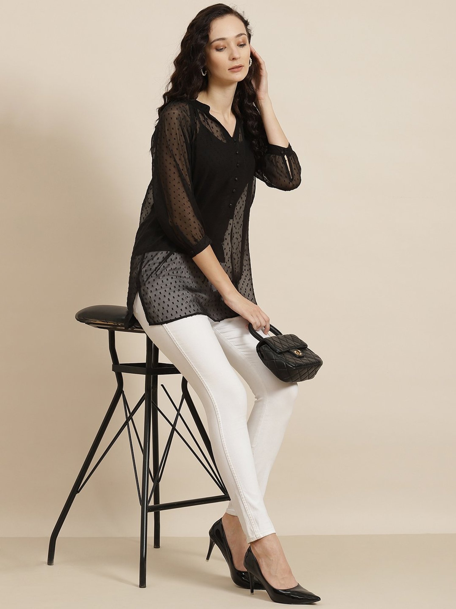 Qurvii Black Printed A-Line Top