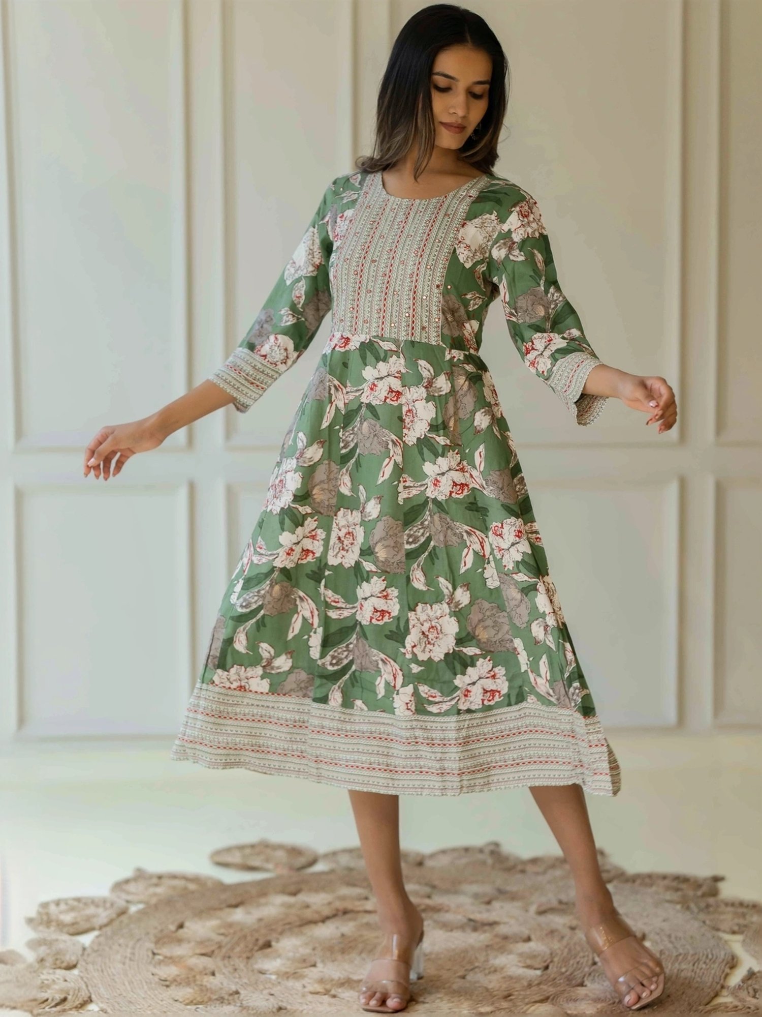 MIRCHI FASHION Green Cotton Printed A-Line Dress