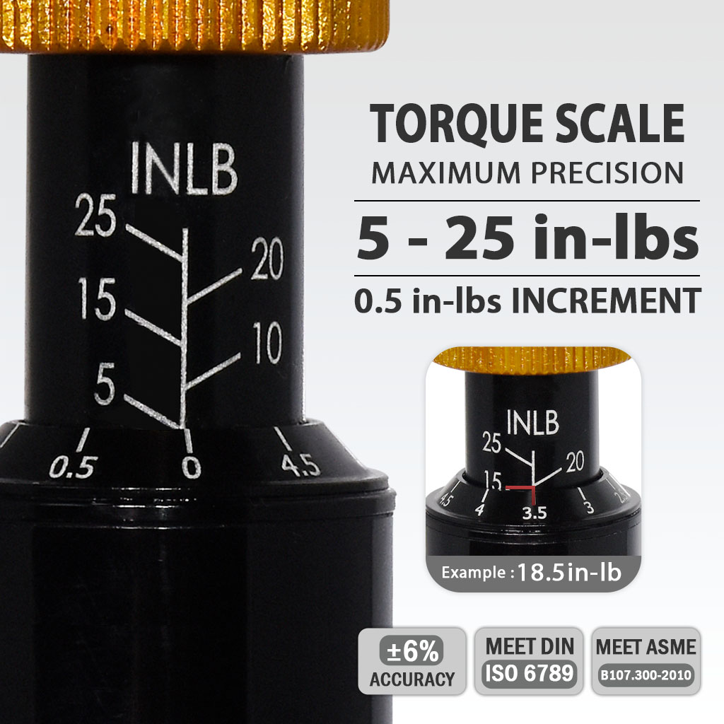 FIRSTINFO Precision Certified Torque Limiting Screwdriver, 1/4 Inch Universal Hex Bit Holder, 5-25 in-lbs with Extra T-Handle