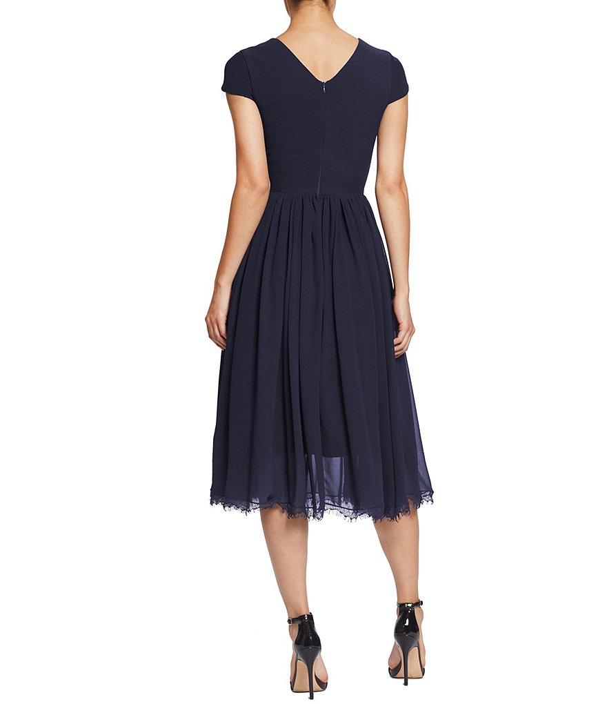 Dress the Population Corey V-Neck Cap Sleeve Lace Hem Midi Dress