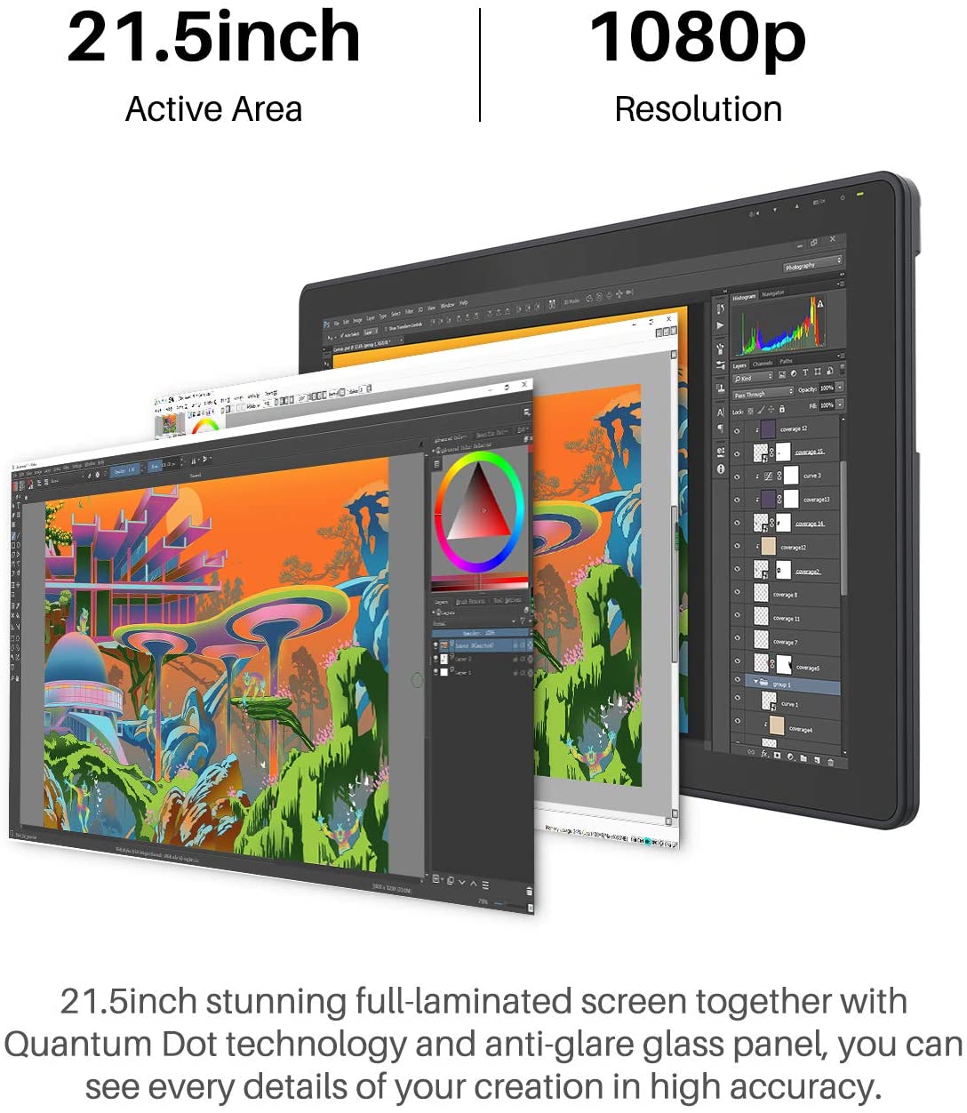 2020 HUION KAMVAS 22 Plus Graphics Drawing Tablet with Full-Laminated QD LCD Screen 140% s RGB Android Support Battery-Free Stylus 8192 Pen Pressure Tilt Adjustable Stand - 21.5inch