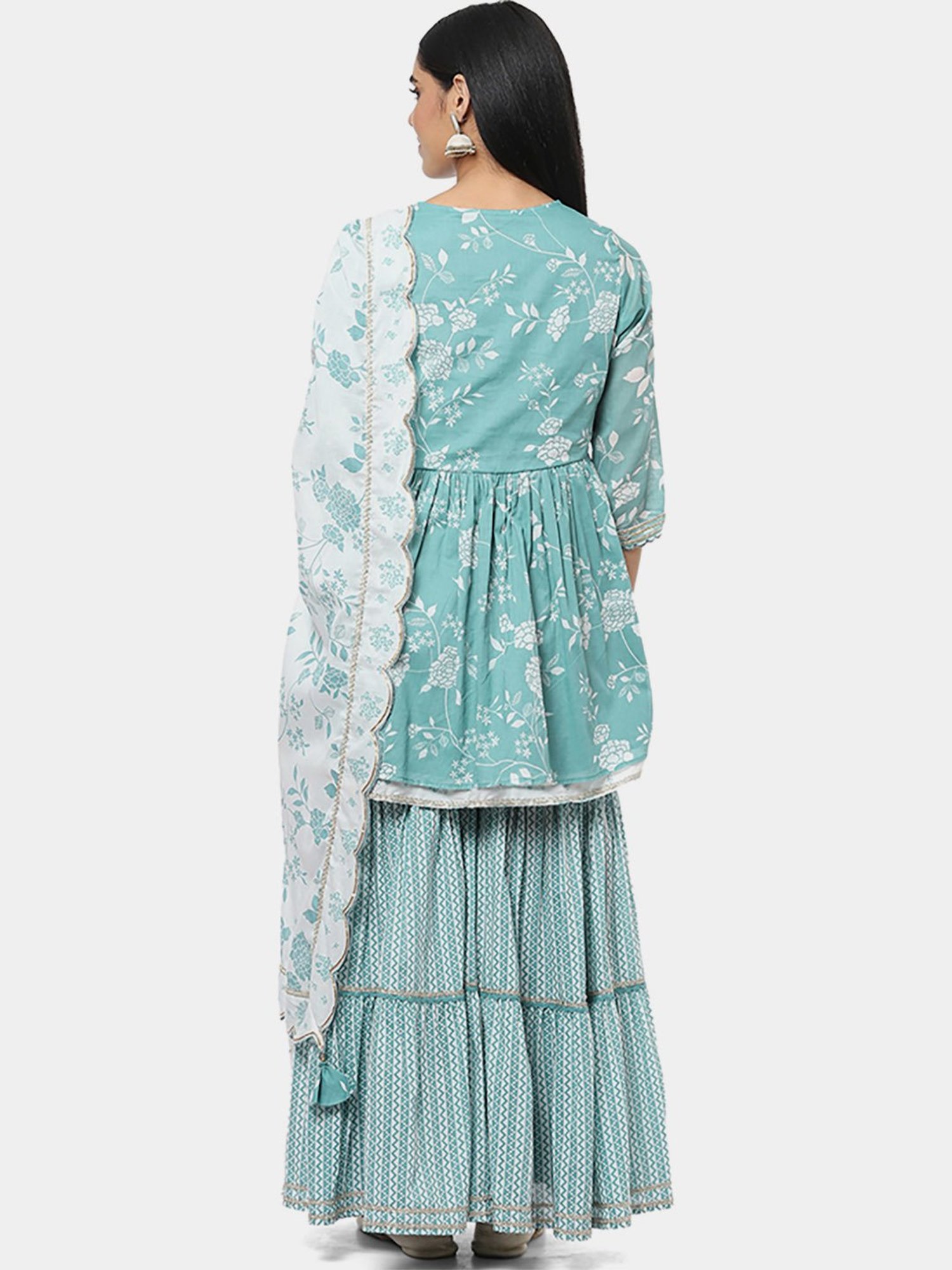 Biba Green Cotton Printed Kurti Sharara Set With Dupatta
