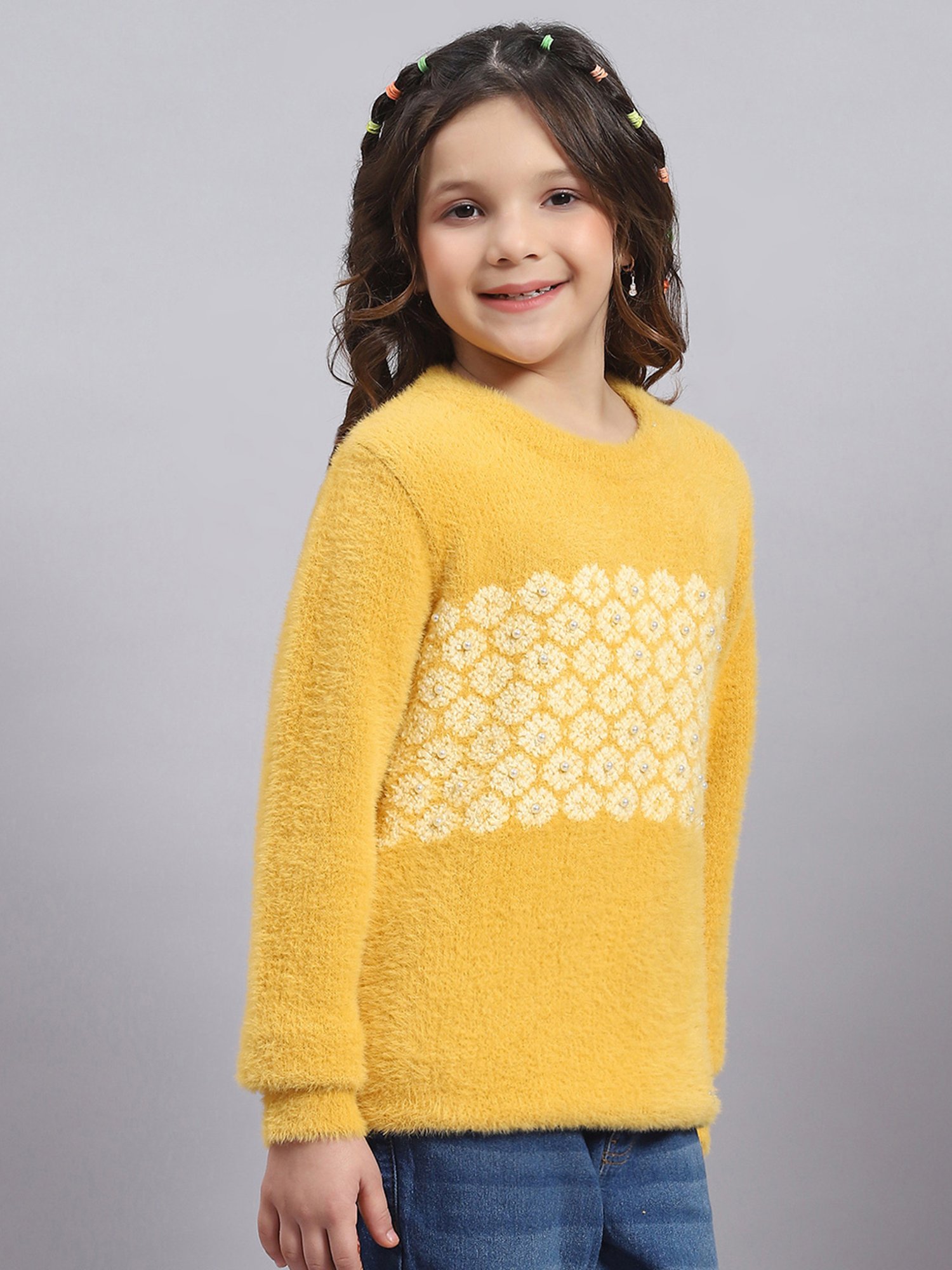Monte Carlo Kids Mustard Self Design Full Sleeves Sweater