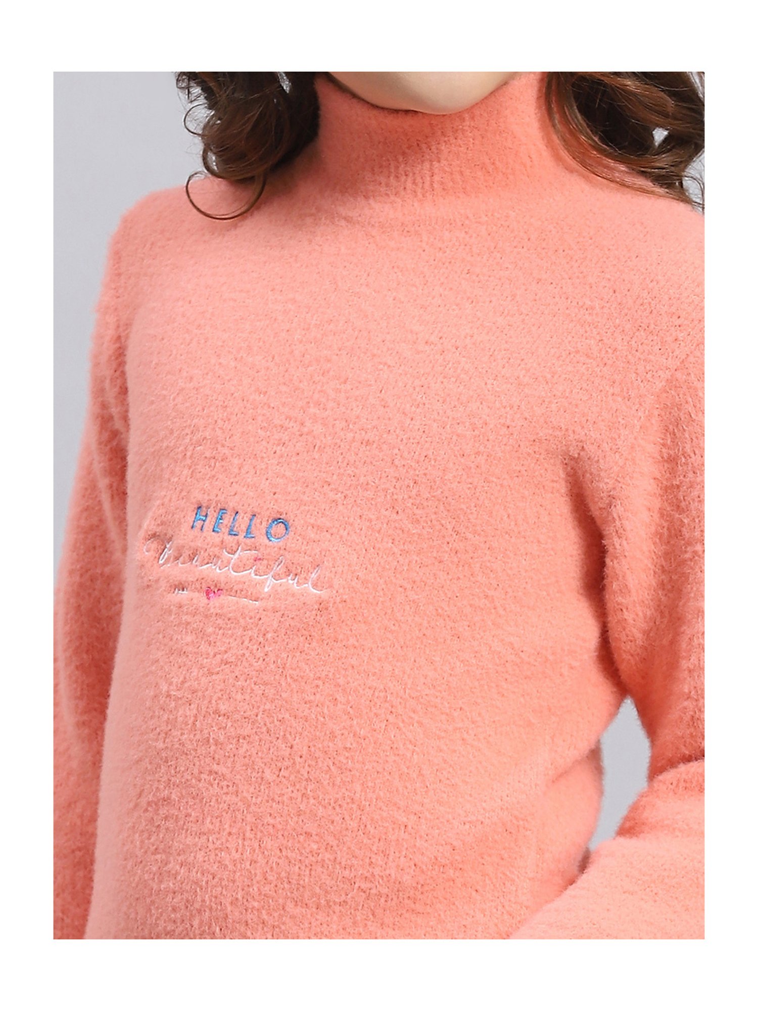 Monte Carlo Kids Peach Solid Full Sleeves Sweater