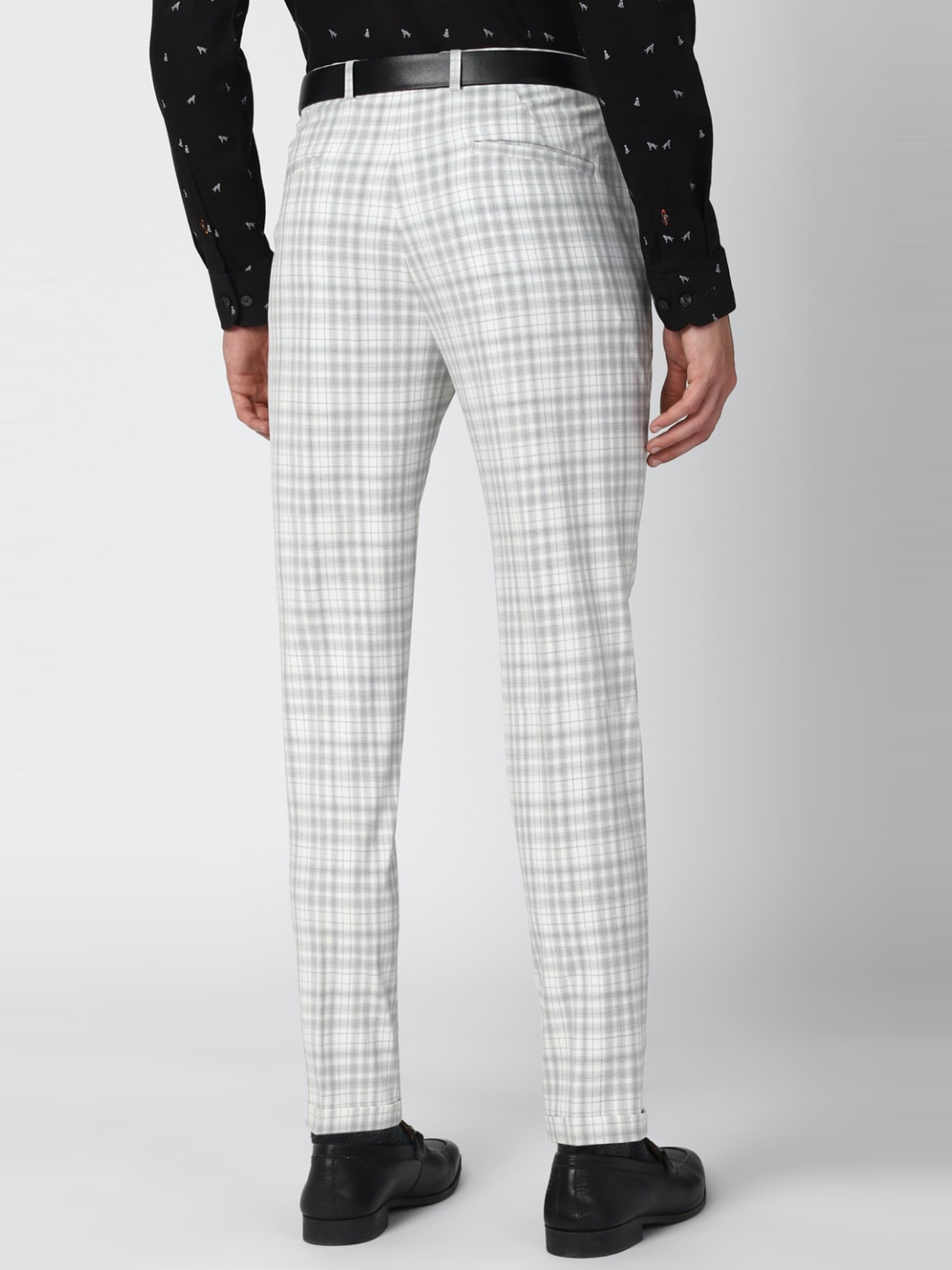 Peter England Grey & White Slim Fit Checks Flat front trousers